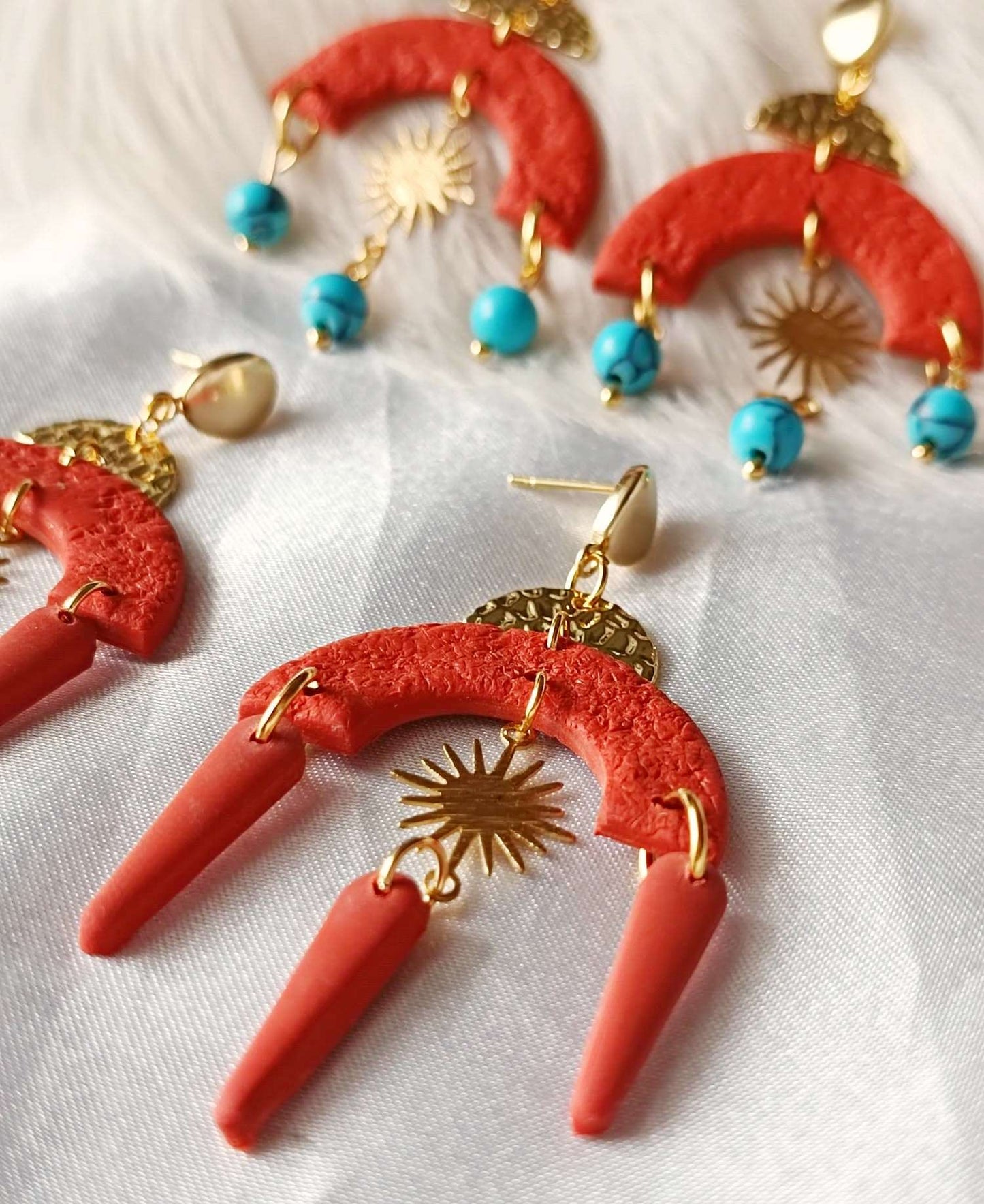 Terracotta Polymer clay earrings - ZAINAB - Boho polymer clay earrings - Clay earrings with TURQUOISE beads