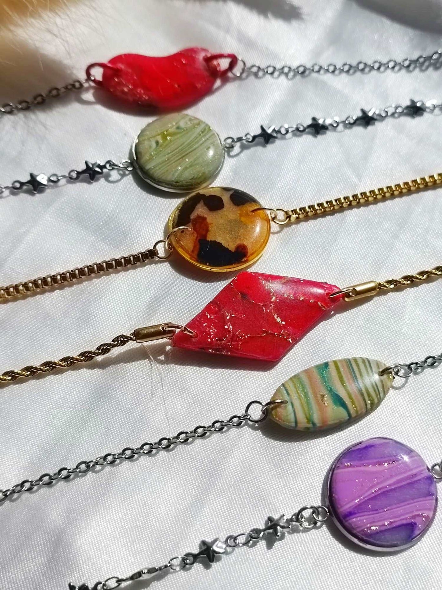 Faux Tortoise shell Polymer clay bracelet - Zipporah- Golden Stainless steel bracelet chain - Clay Bracelet, Gifts for her- adjustable bracelet