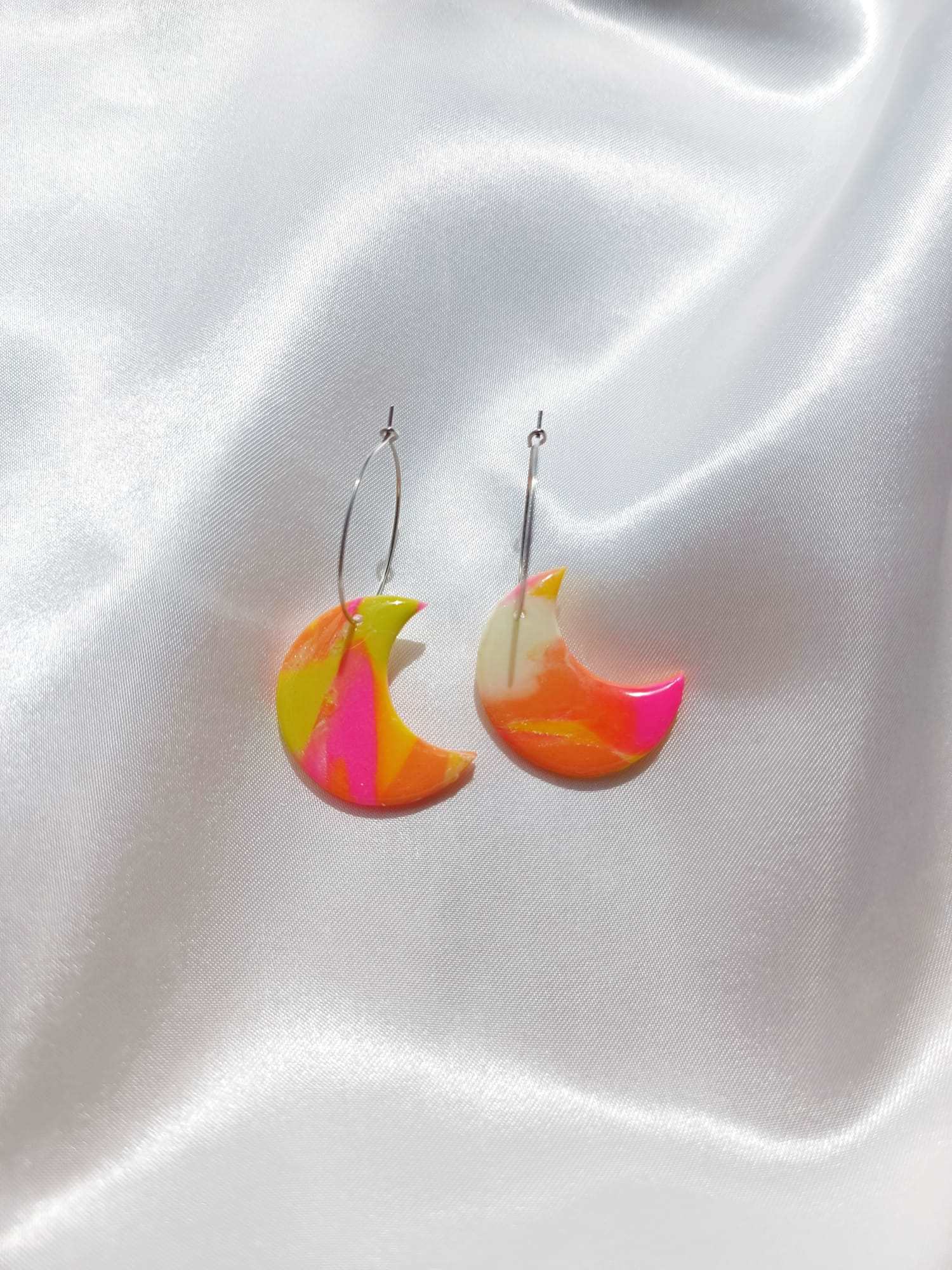 Marble Moon hoop earrings ~ Polymer clay earrings