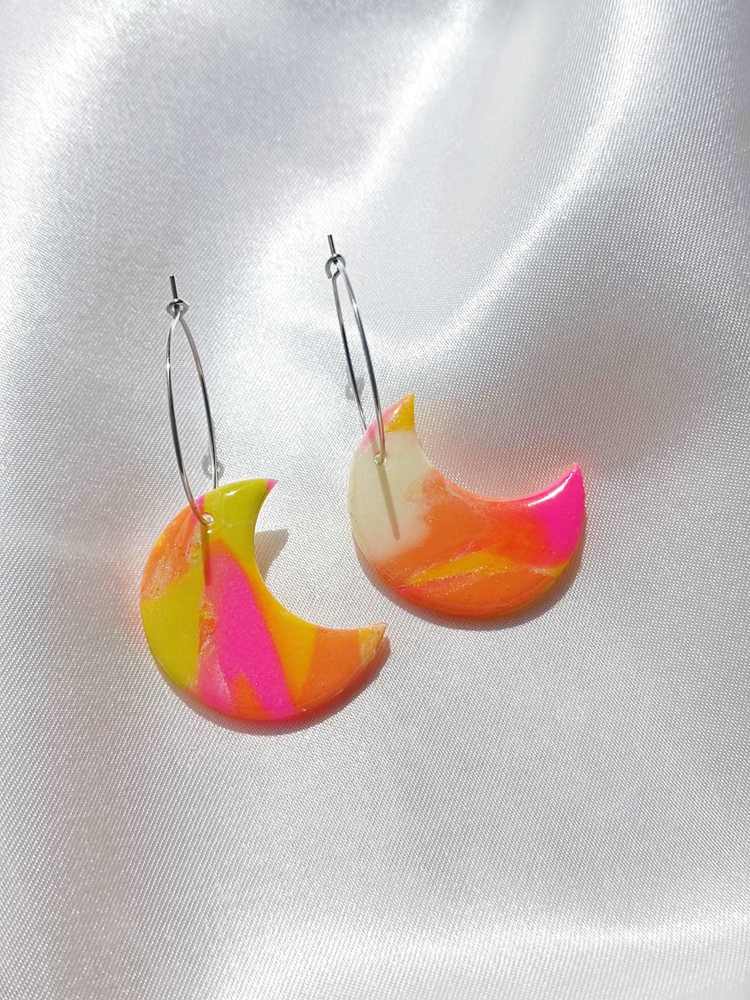 Marble Moon hoop earrings ~ Polymer clay earrings