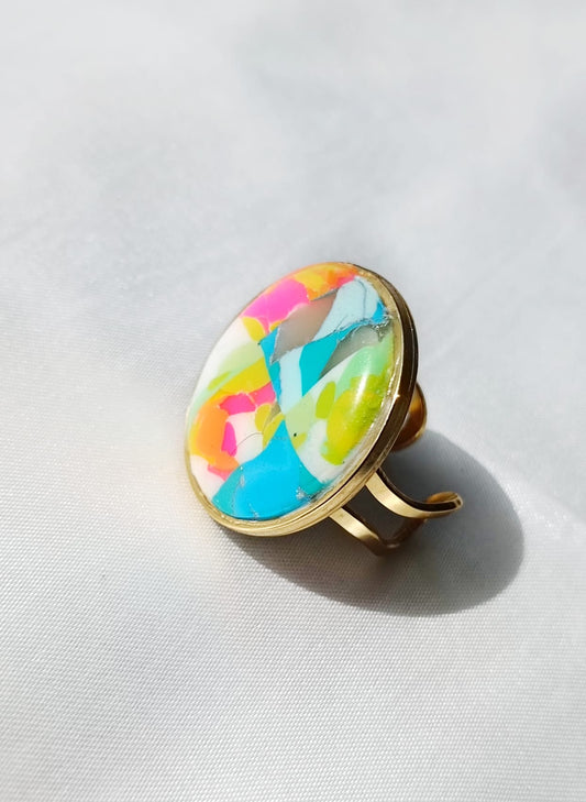 Ring Cristal - Stainless steel ring, adorned with a polymer clay marble stone- Adjustable ring