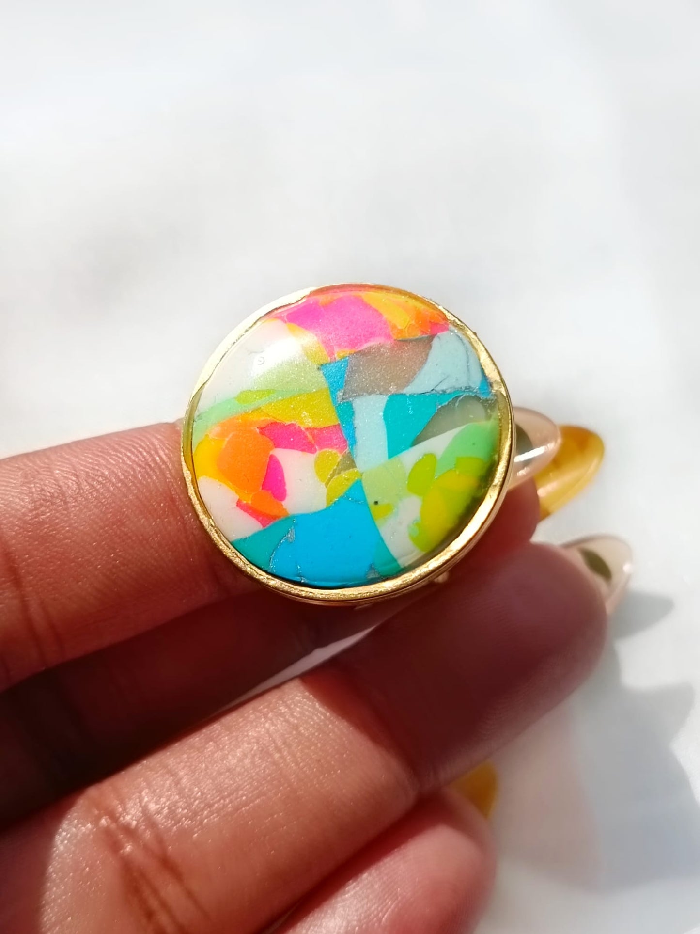 Ring Cristal - Stainless steel ring, adorned with a polymer clay marble stone- Adjustable ring