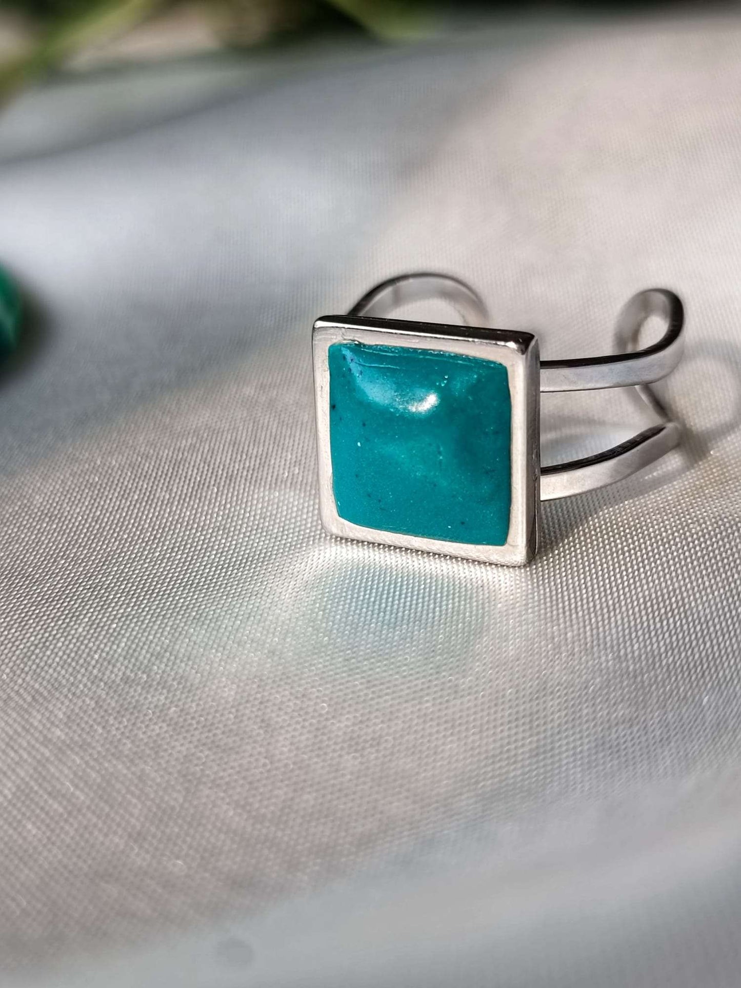 Adjustable Emerald green square cabochon Polymer clay ring