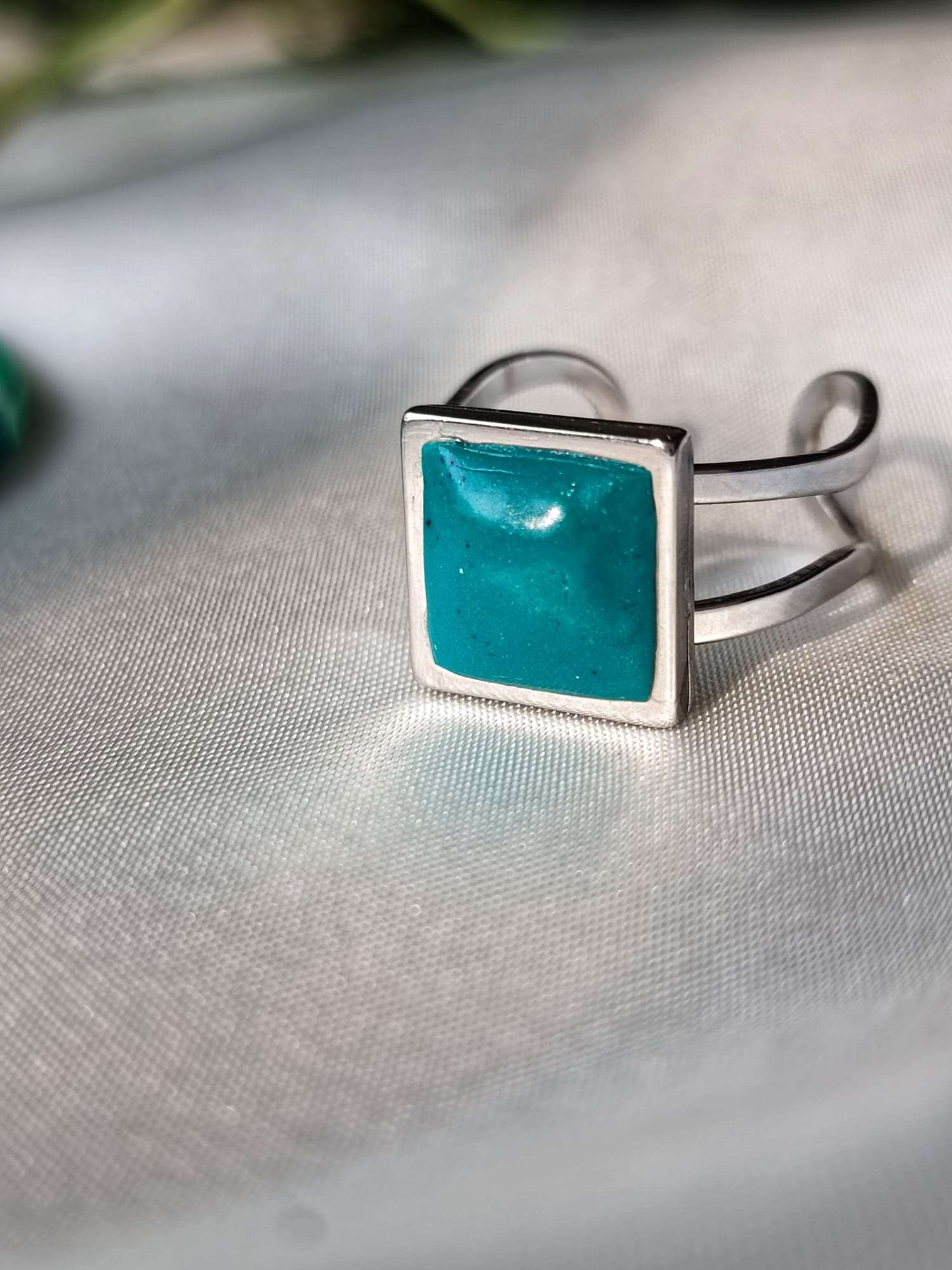 Adjustable Emerald green square cabochon Polymer clay ring