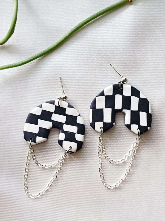 Chained black and white checkered polymer clay earrings - Delilah