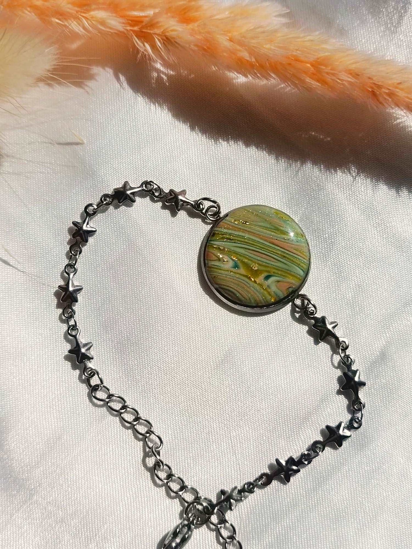 Green and Gold bracelet - Hagar- Stainless steel Polymer clay Bracelet - Gifts for her- Slide chain Bracelet- adjustable bracelet