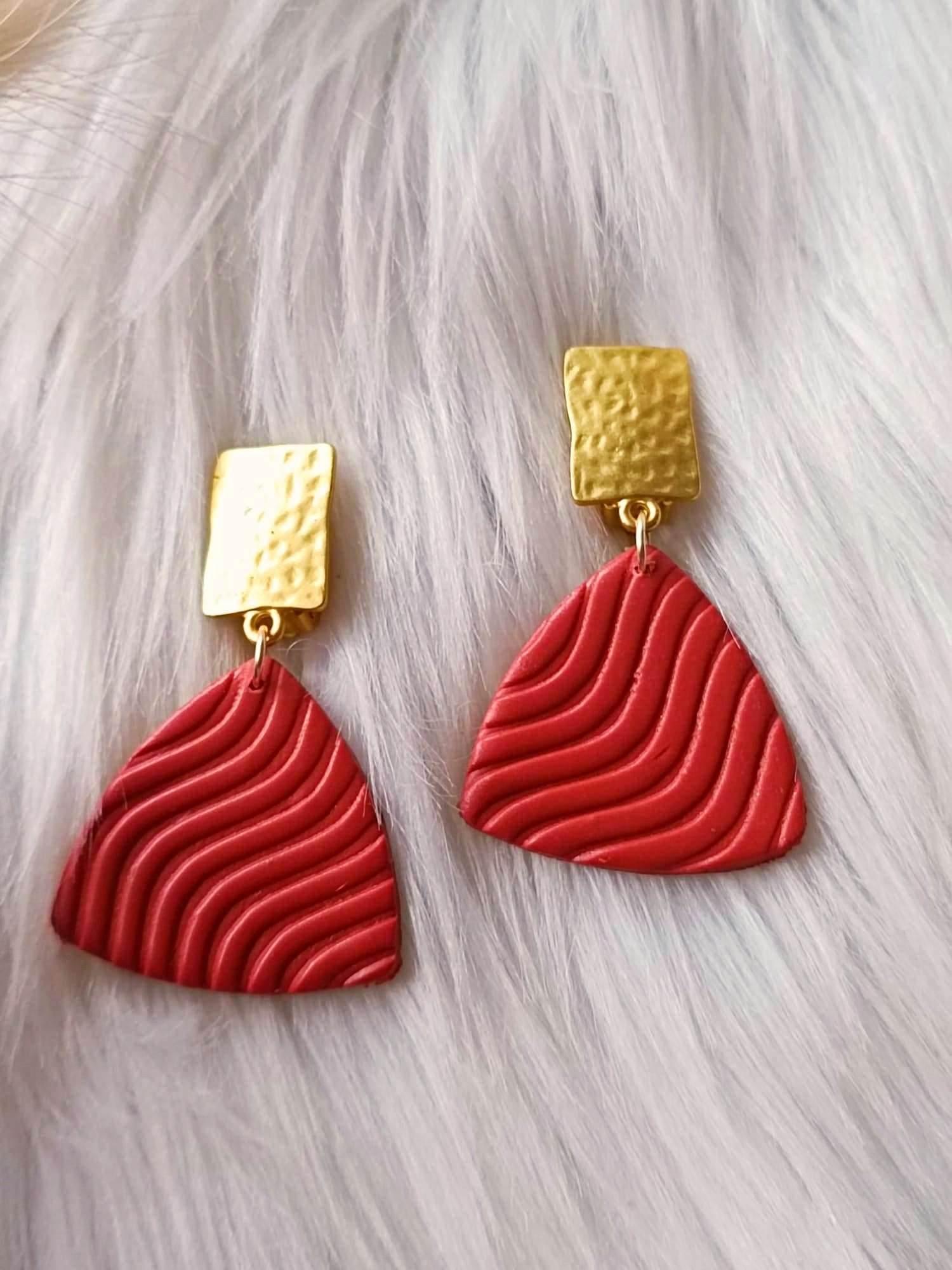 Handcrafted Terracotta Polymer Clay Earrings 'Jedidah ' - 3D Waves Design with Stainless steel Clip-On Closure