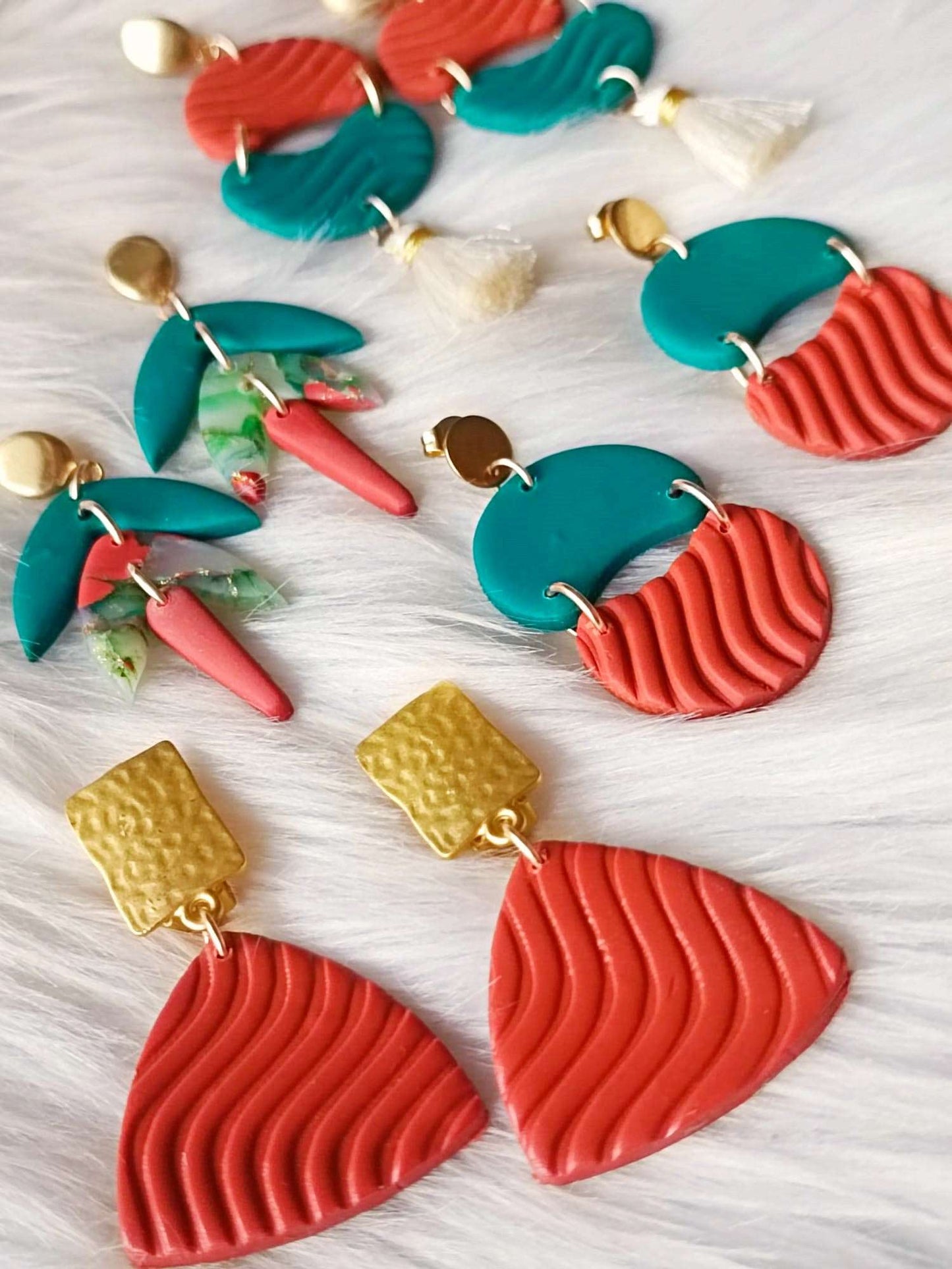 Handcrafted Terracotta Polymer Clay Earrings 'Jedidah ' - 3D Waves Design with Stainless steel Clip-On Closure