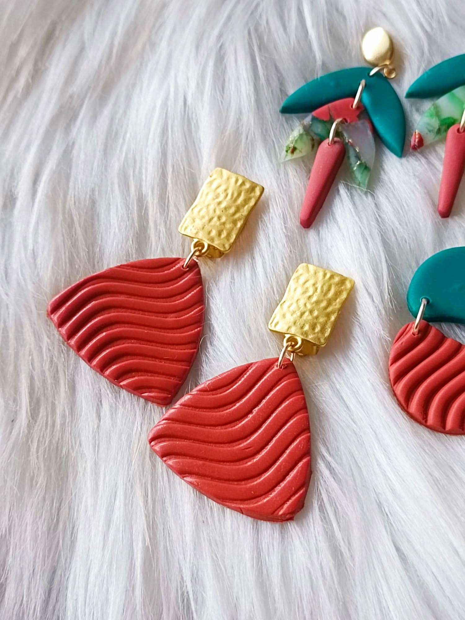 Handcrafted Terracotta Polymer Clay Earrings 'Jedidah ' - 3D Waves Design with Stainless steel Clip-On Closure