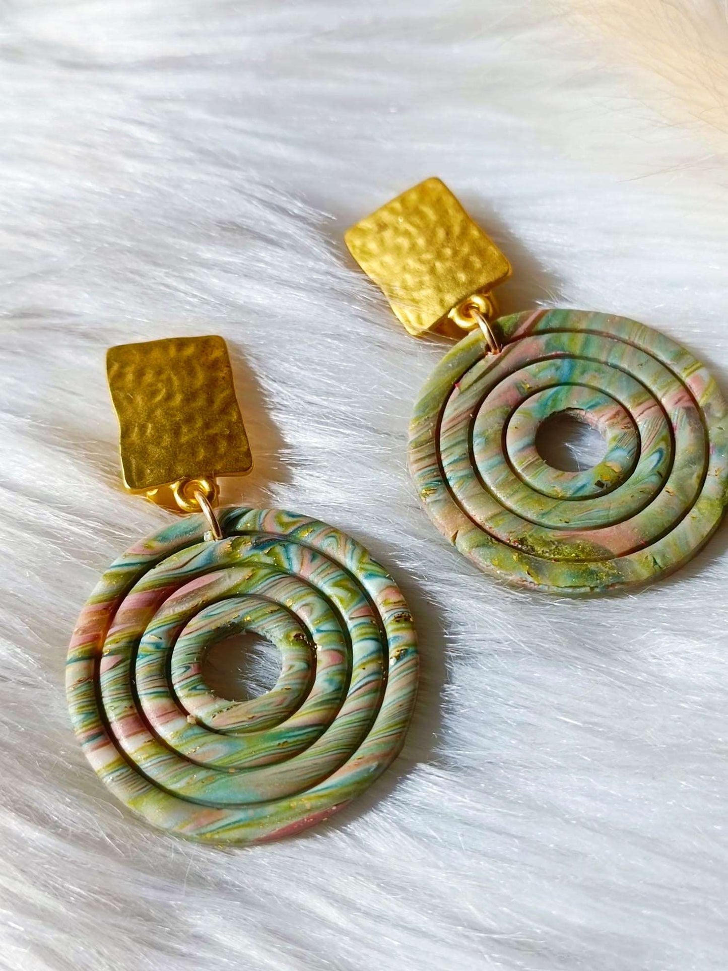 Handcrafted Sage Green Polymer Clay Earrings 'FADIA' - Golden & Translucent Details, Hypoallergenic Stainless Steel Clip-On