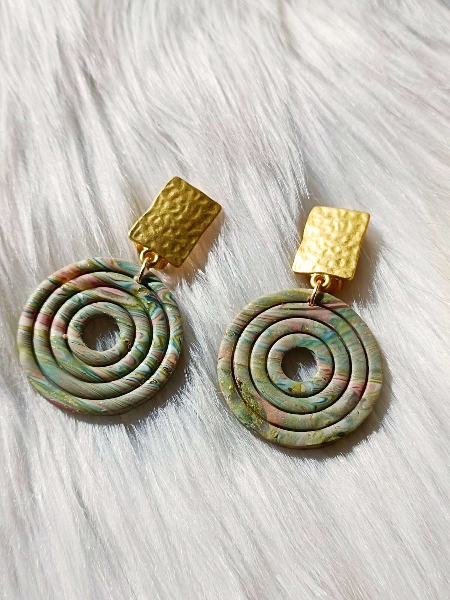 Handcrafted Sage Green Polymer Clay Earrings 'FADIA' - Golden & Translucent Details, Hypoallergenic Stainless Steel Clip-On