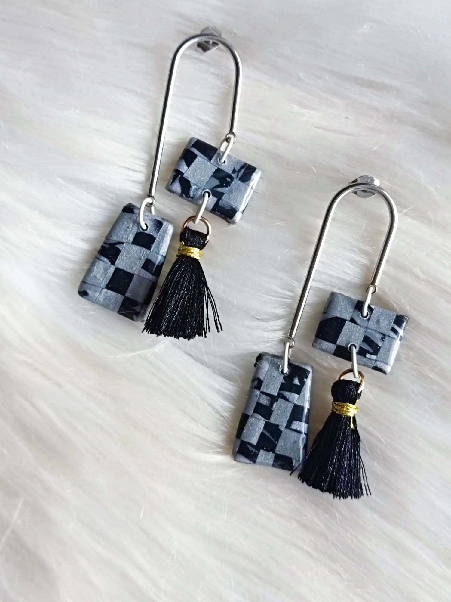 Sleek and Chic: Polymer Clay Earrings with Silver Stainless Steel and Black Tassels - Abstract Polymer clay earrings- earrings with Black Tassels