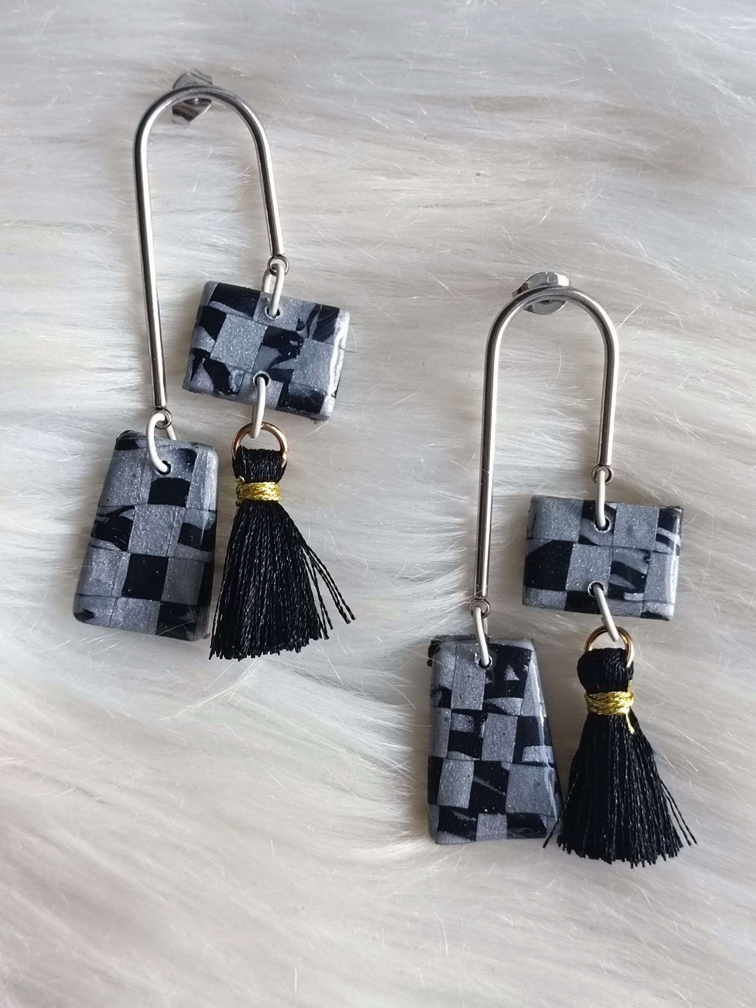 Sleek and Chic: Polymer Clay Earrings with Silver Stainless Steel and Black Tassels - Abstract Polymer clay earrings- earrings with Black Tassels