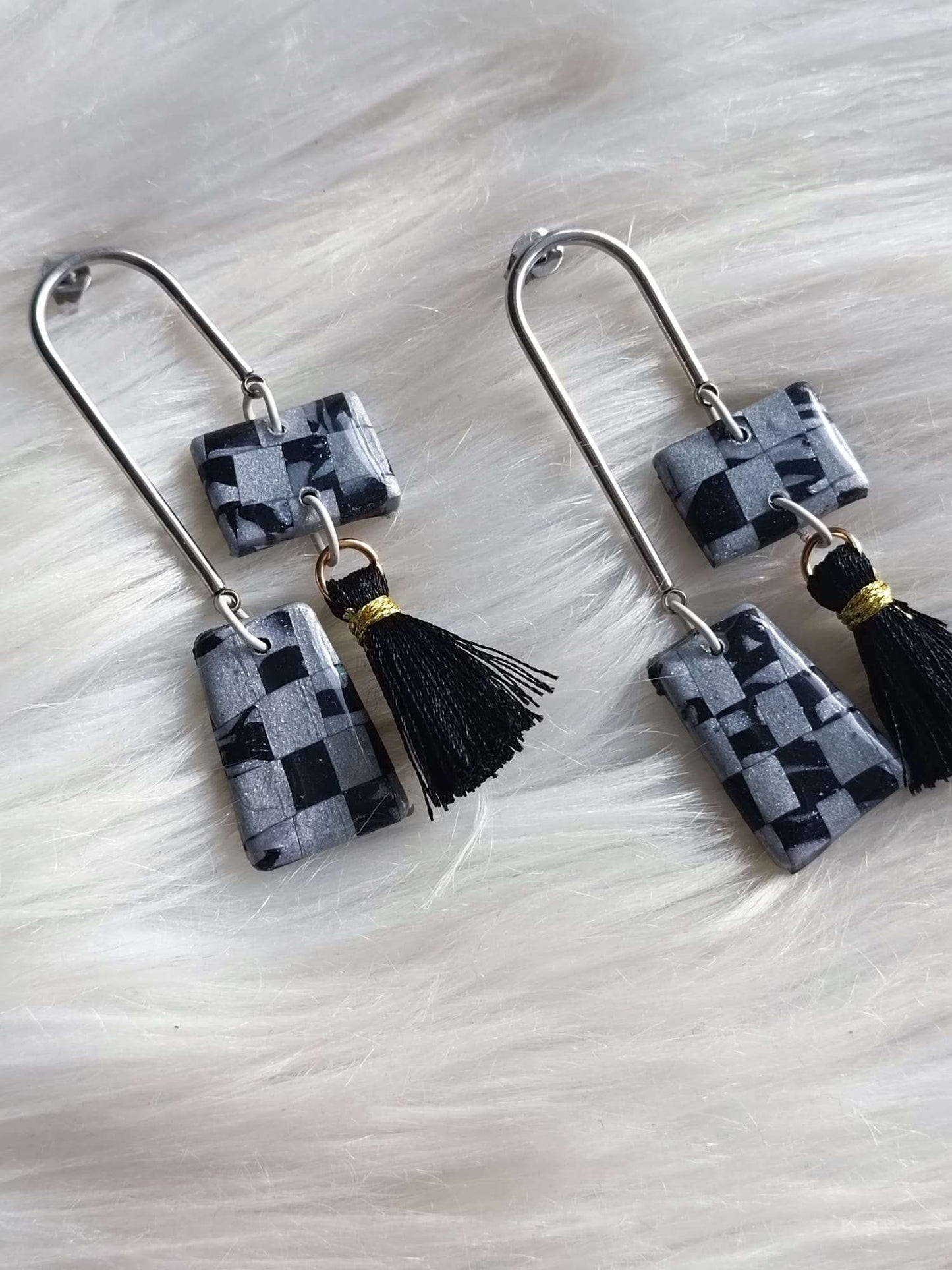 Sleek and Chic: Polymer Clay Earrings with Silver Stainless Steel and Black Tassels - Abstract Polymer clay earrings- earrings with Black Tassels