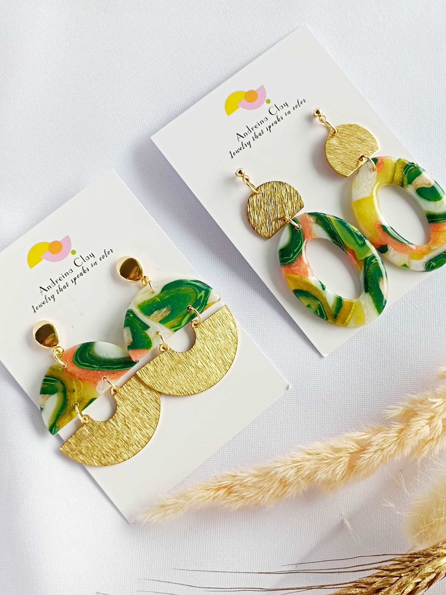 Artisan Green Faux River Agate Polymer Clay Earrings with Brass Charms and Stainless Steel Studs - Handcrafted Nature-inspired Jewelry