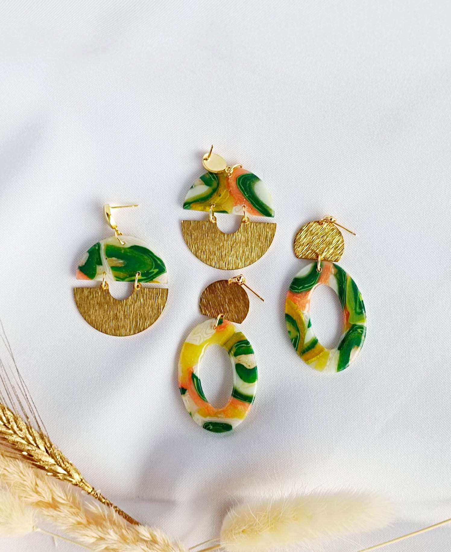 Artisan Green Faux River Agate Polymer Clay Earrings with Brass Charms and Stainless Steel Studs - Handcrafted Nature-inspired Jewelry