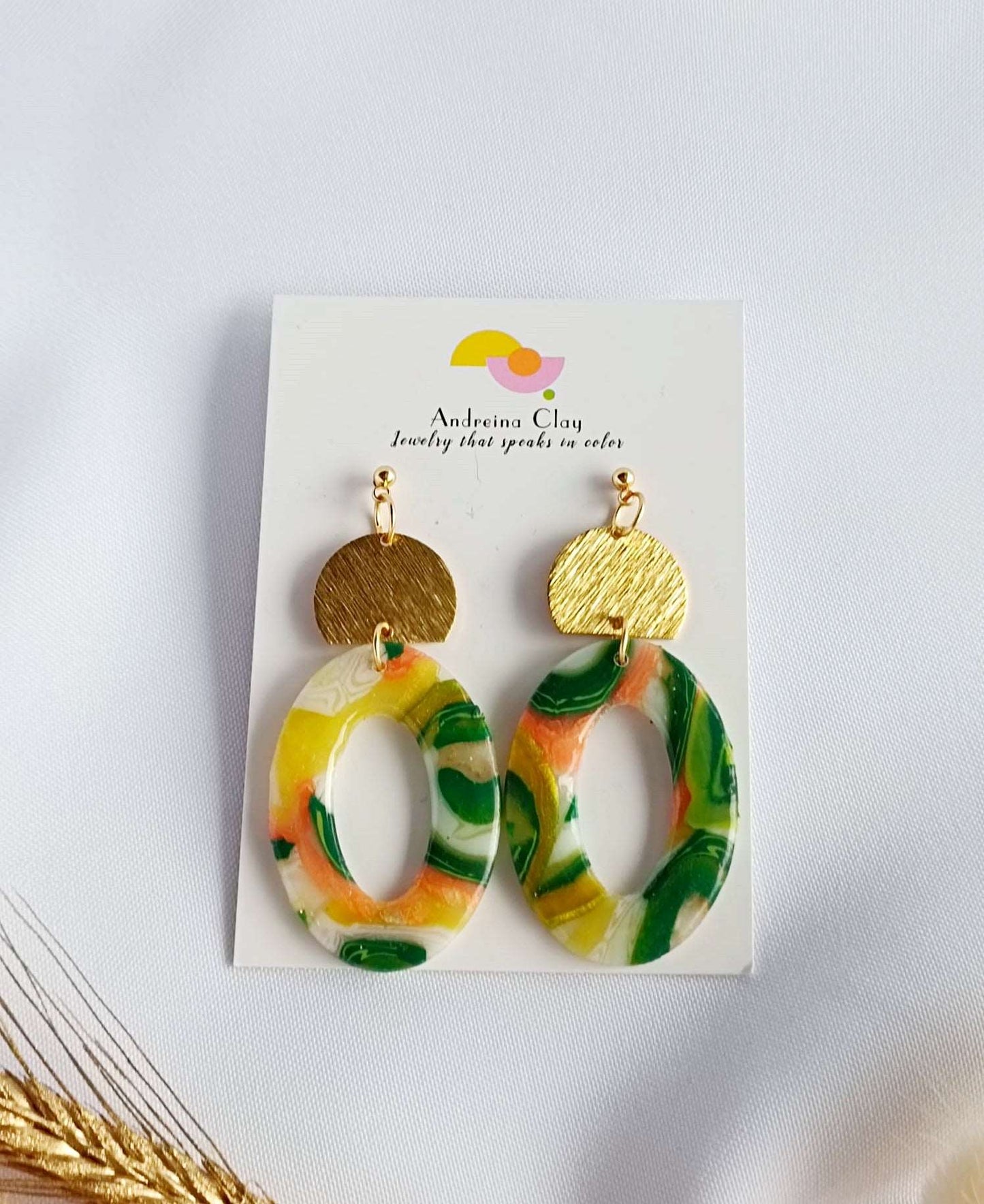 Artisan Green Faux River Agate Polymer Clay Earrings with Brass Charms and Stainless Steel Studs - Handcrafted Nature-inspired Jewelry