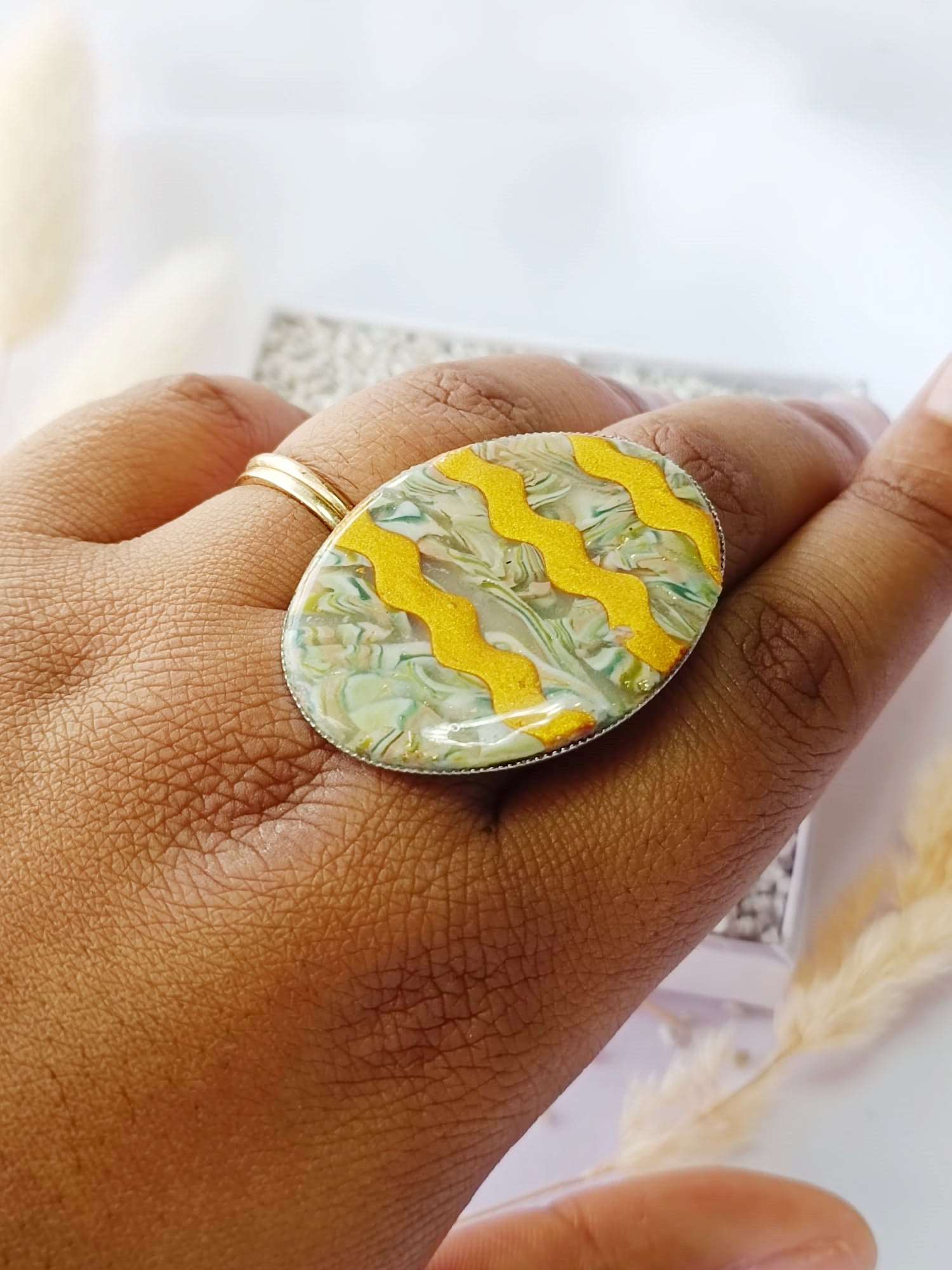 Bold Green and gold Polymer clay ring - Sculpted Elegance: Stainless Steel Adjustable Ring with Artisan Polymer Clay Stone