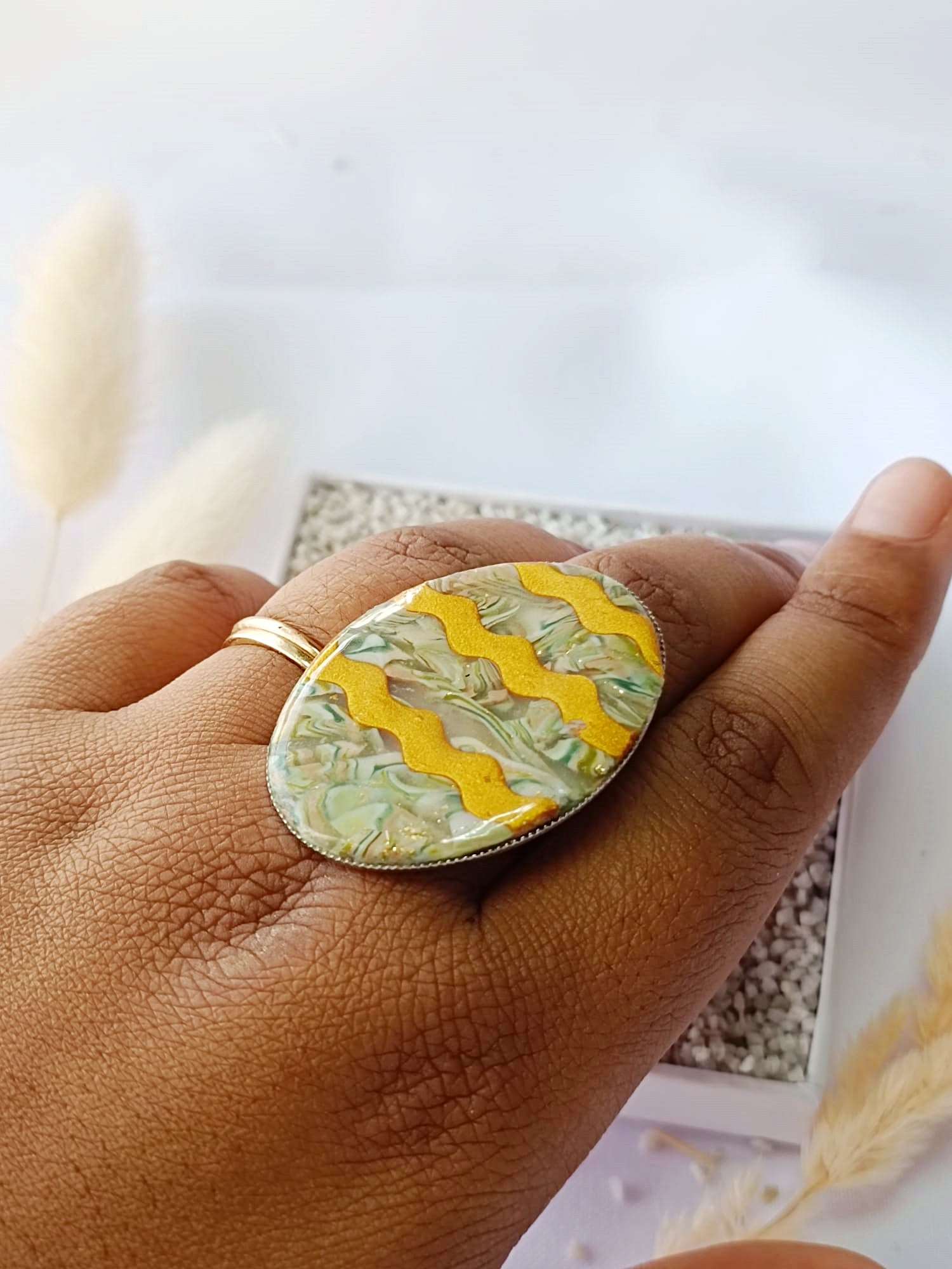 Bold Green and gold Polymer clay ring - Sculpted Elegance: Stainless Steel Adjustable Ring with Artisan Polymer Clay Stone