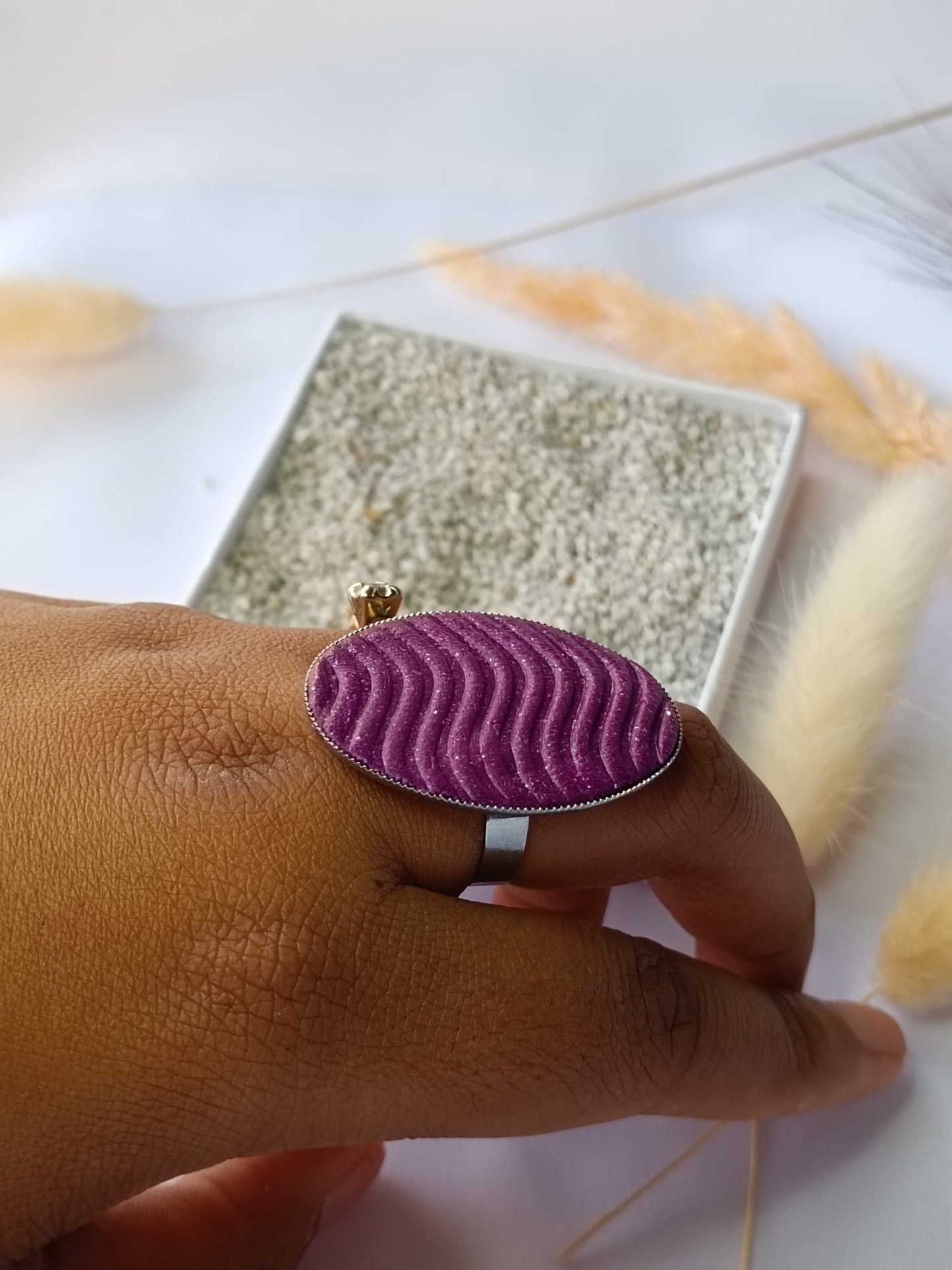 Bold Glittery Purple Polymer clay ring - Sculpted Elegance: Stainless Steel Adjustable Ring with Artisan Polymer Clay Stone