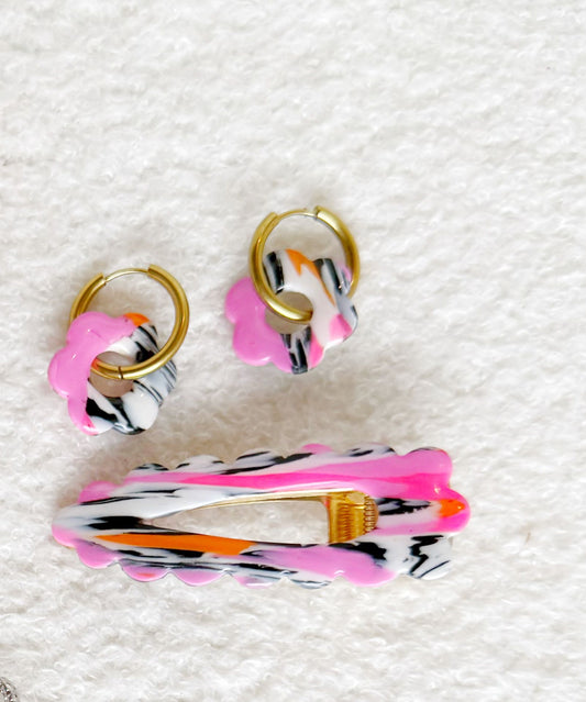 Match Parfait – Set “Pink Pop” 🎀 Fleur 6 petals- Bijoux faits main en France – Créations artisanales uniques | Andreina Clay