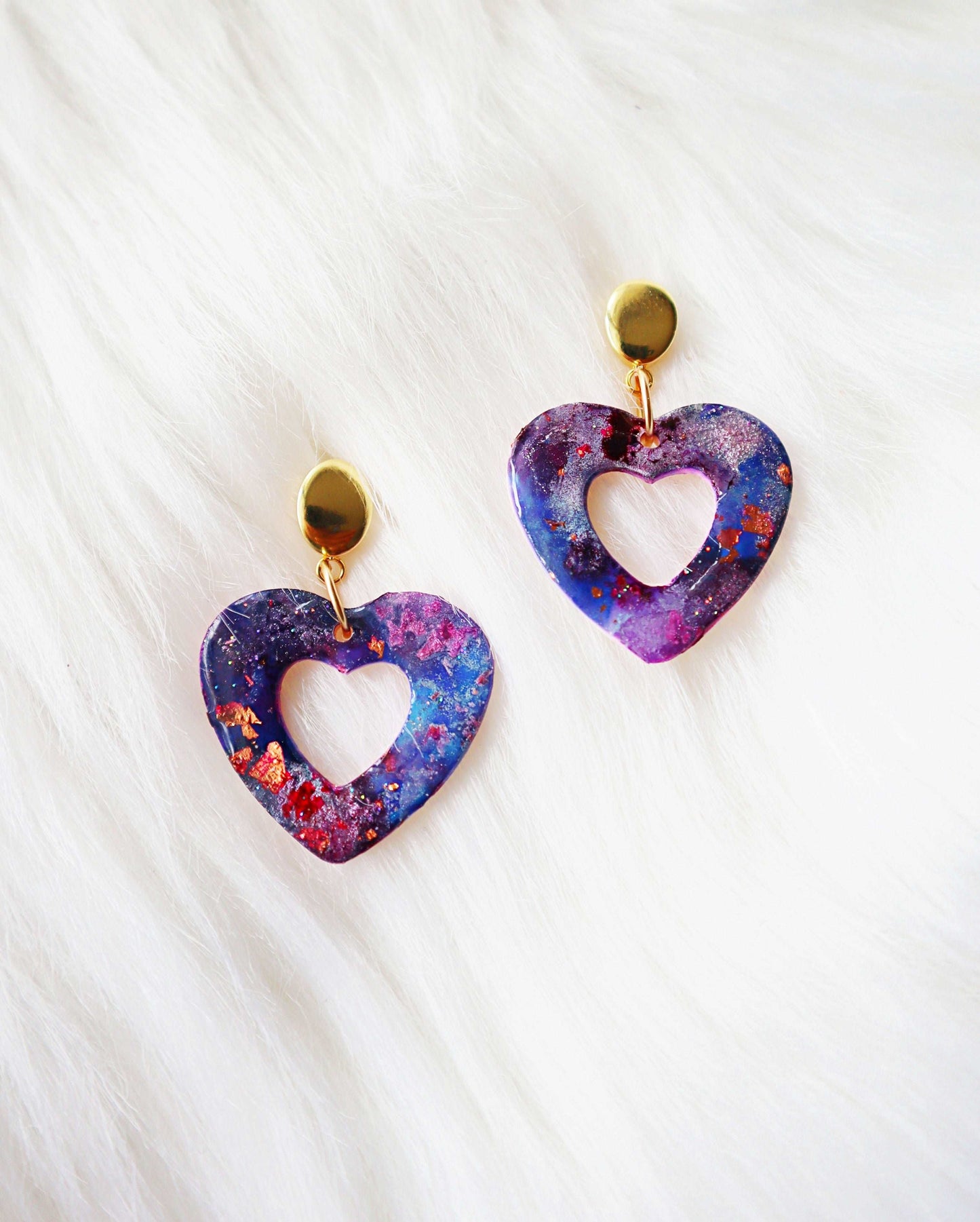 Elevate Your Look with Heart-Shaped Abstract Polymer Clay Dangle Earrings | Handcrafted Unique Designs with Stainless Steel Hardware and Vibrant and Cosmic Color Palette