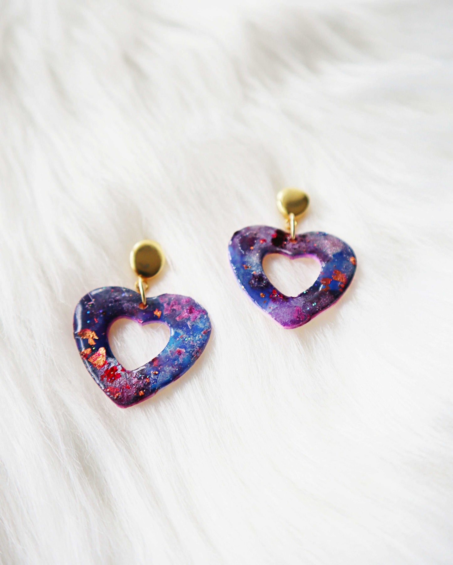 Celestial Treasures- Asteria- Cosmos Collection Polymer Clay Earrings, Artisan Crafted: Unique Studs - Galaxy Inspired jewelry - Heart shaped earrings