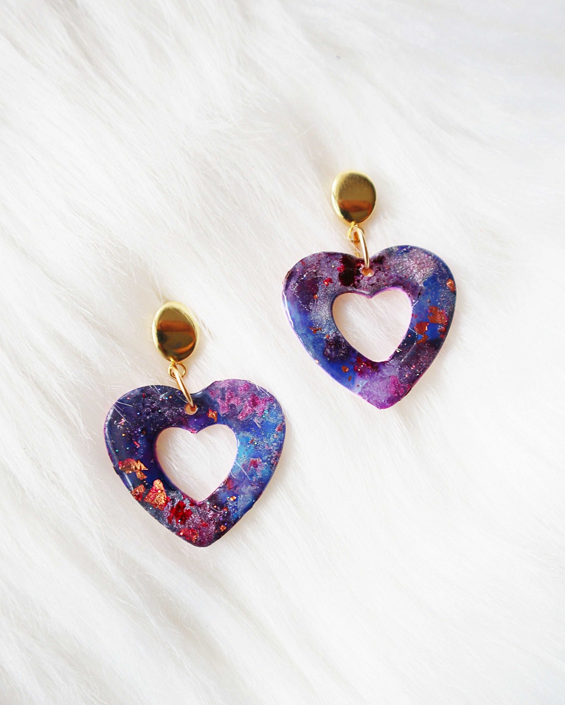 Celestial Treasures- Asteria- Cosmos Collection Polymer Clay Earrings, Artisan Crafted: Unique Studs - Galaxy Inspired jewelry - Heart shaped earrings