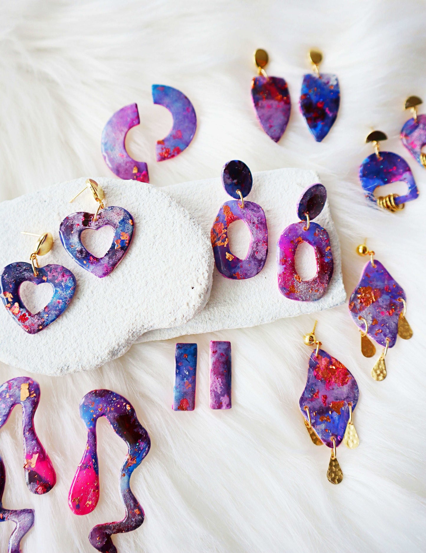 Elevate Your Look with Heart-Shaped Abstract Polymer Clay Dangle Earrings | Handcrafted Unique Designs with Stainless Steel Hardware and Vibrant and Cosmic Color Palette