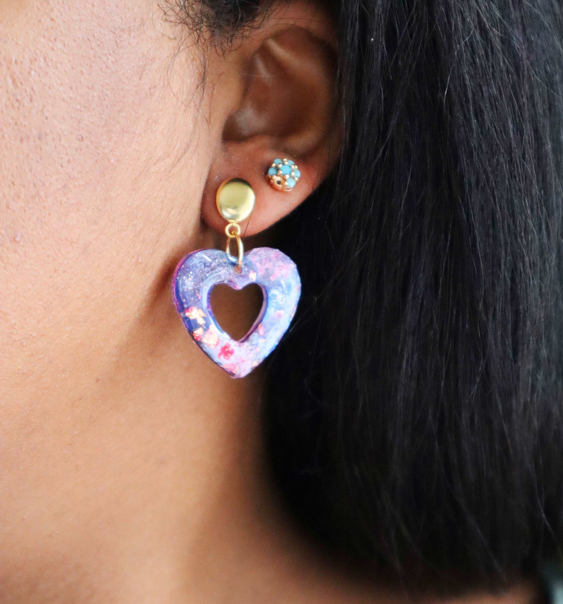 Elevate Your Look with Heart-Shaped Abstract Polymer Clay Dangle Earrings | Handcrafted Unique Designs with Stainless Steel Hardware and Vibrant and Cosmic Color Palette