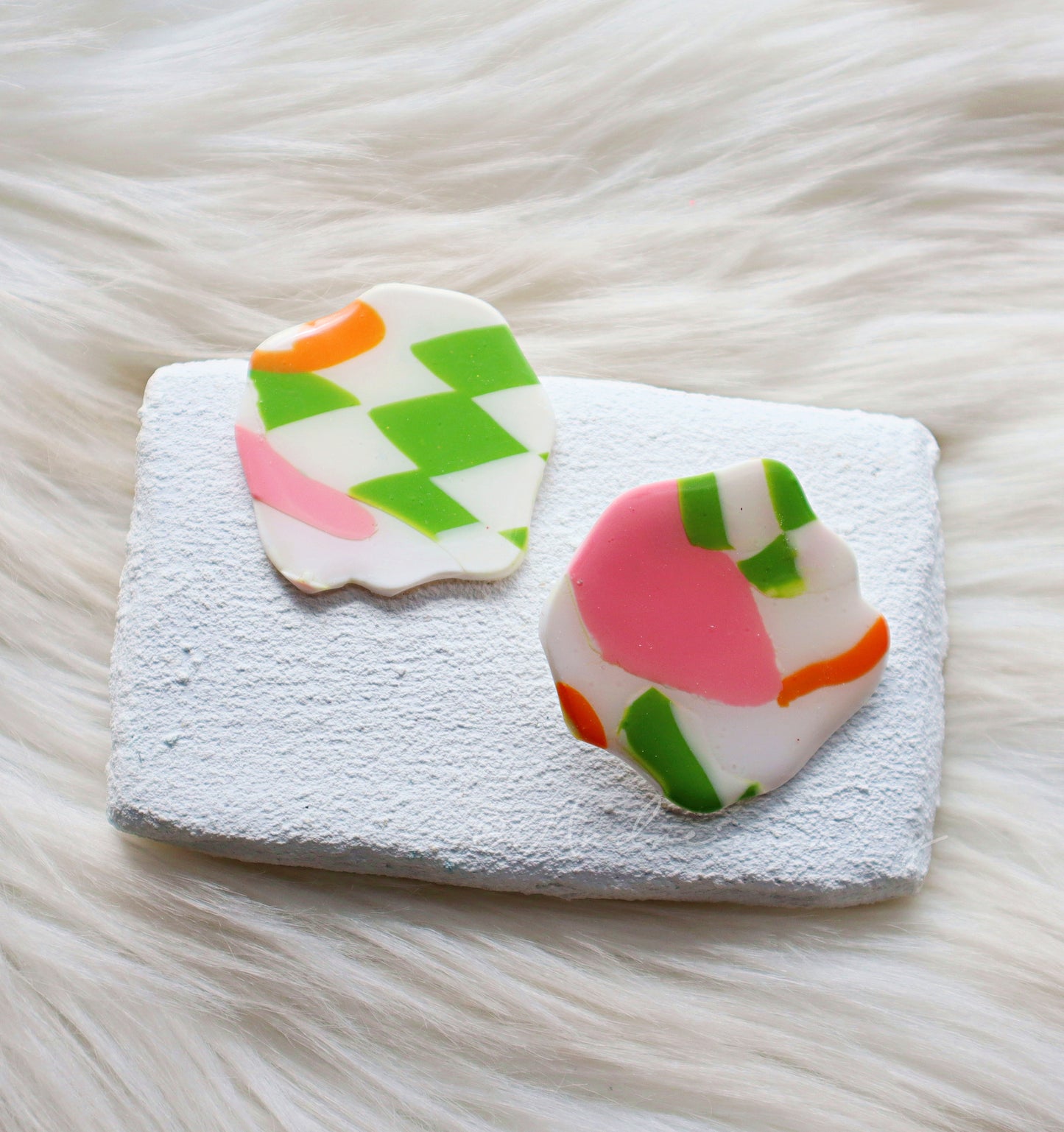 Zesty Muse-Cerise-Handcrafted Polymer Clay Earrings | Stainless Steel Studs | Organic Design Pink, Orange Doodle & Lime Green Checkered Pattern