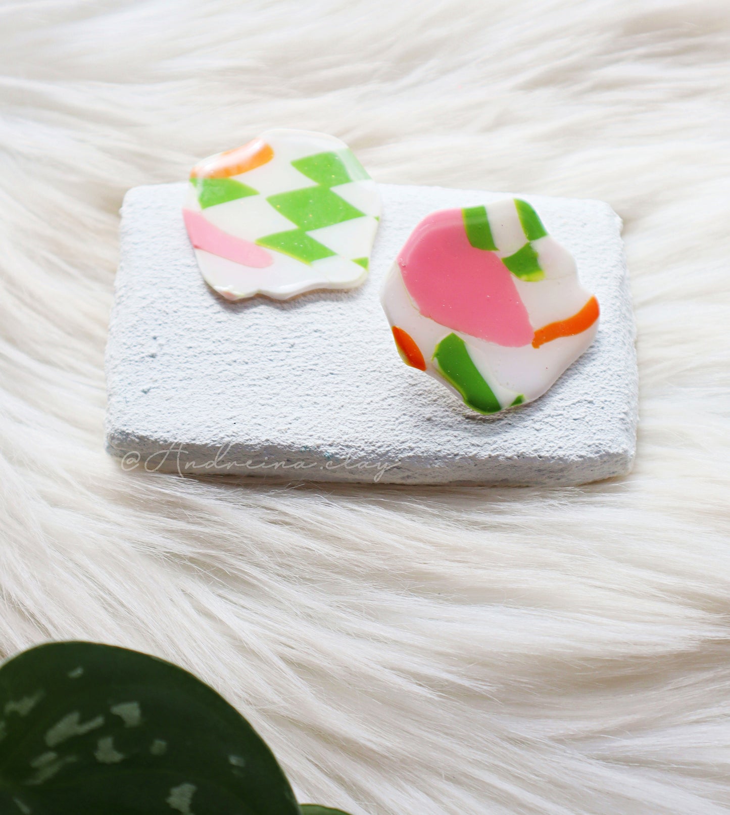 Zesty Muse-Cerise-Handcrafted Polymer Clay Earrings | Stainless Steel Studs | Organic Design Pink, Orange Doodle & Lime Green Checkered Pattern