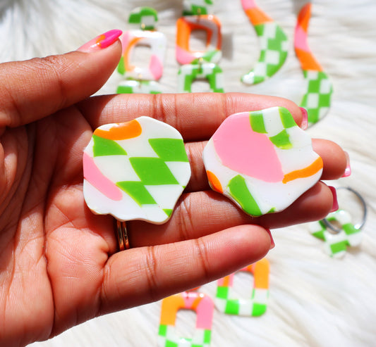 Zesty Muse-Cerise-Handcrafted Polymer Clay Earrings | Stainless Steel Studs | Organic Design Pink, Orange Doodle & Lime Green Checkered Pattern