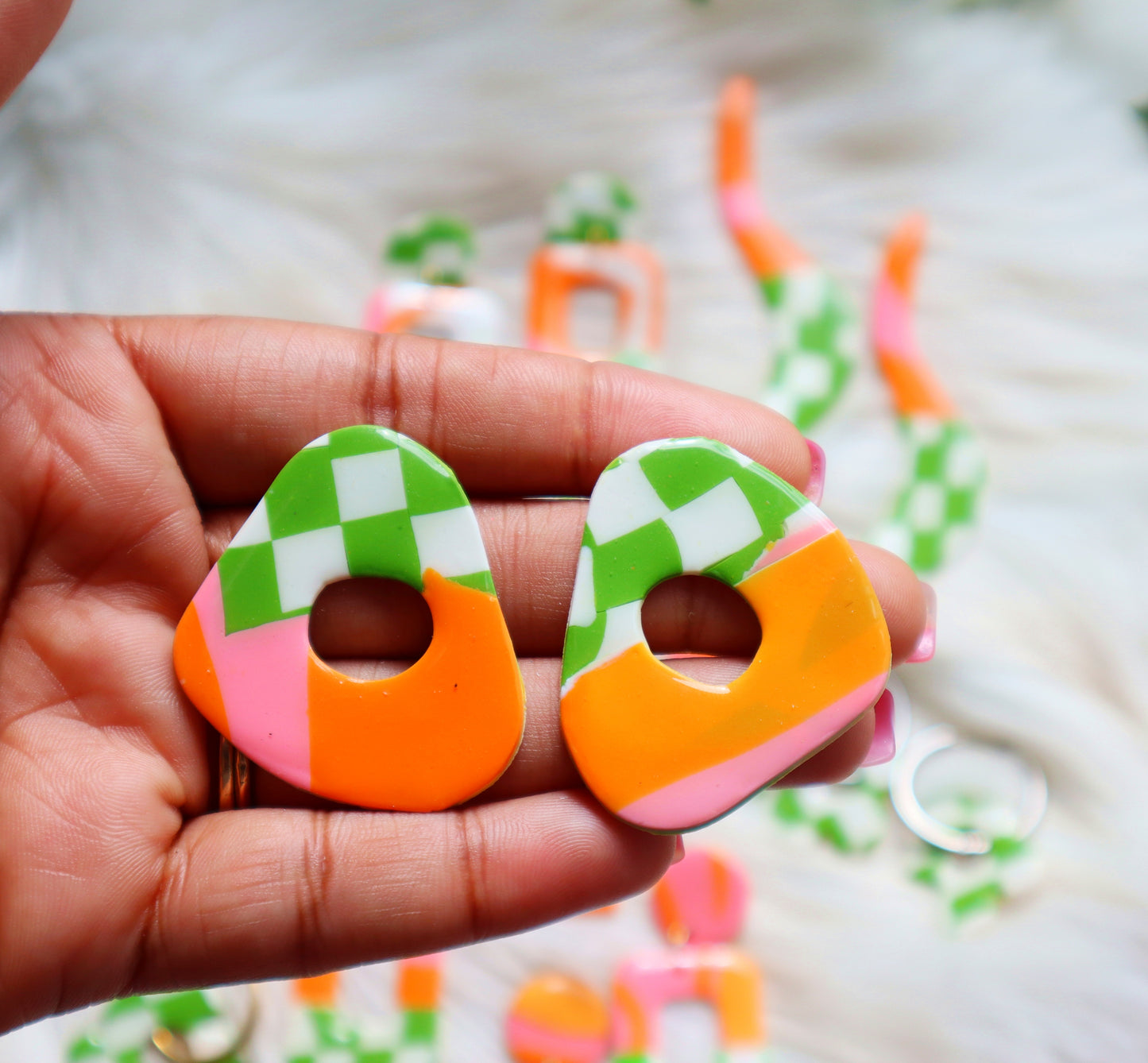 Zesty Muse-Sienna-Handcrafted Polymer Clay Earrings | Stainless Steel Studs | Organic Design | 5cm Long | Pink, Orange Doodle & Lime Green Checkered Pattern