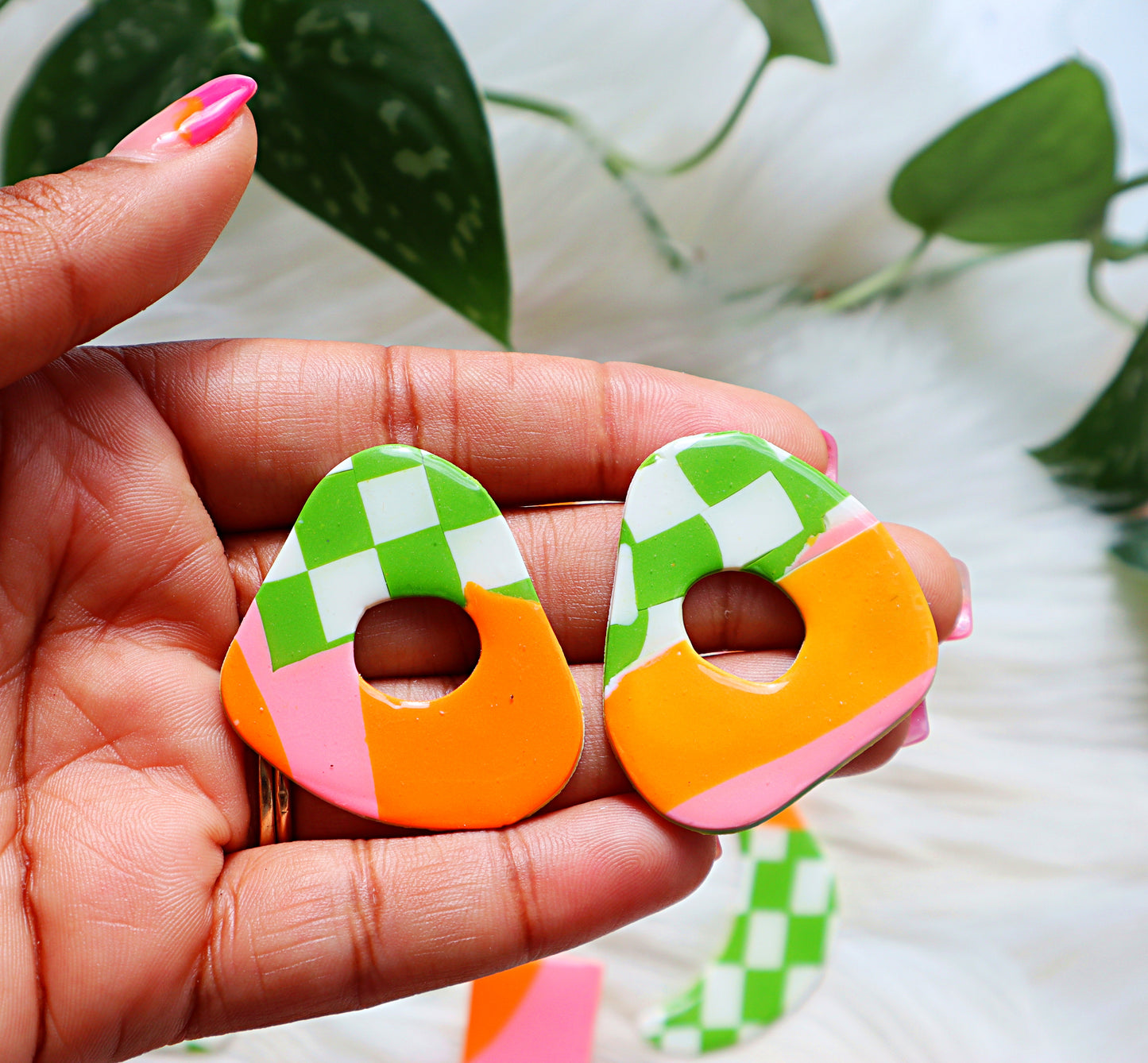 Zesty Muse-Sienna-Handcrafted Polymer Clay Earrings | Stainless Steel Studs | Organic Design | 5cm Long | Pink, Orange Doodle & Lime Green Checkered Pattern