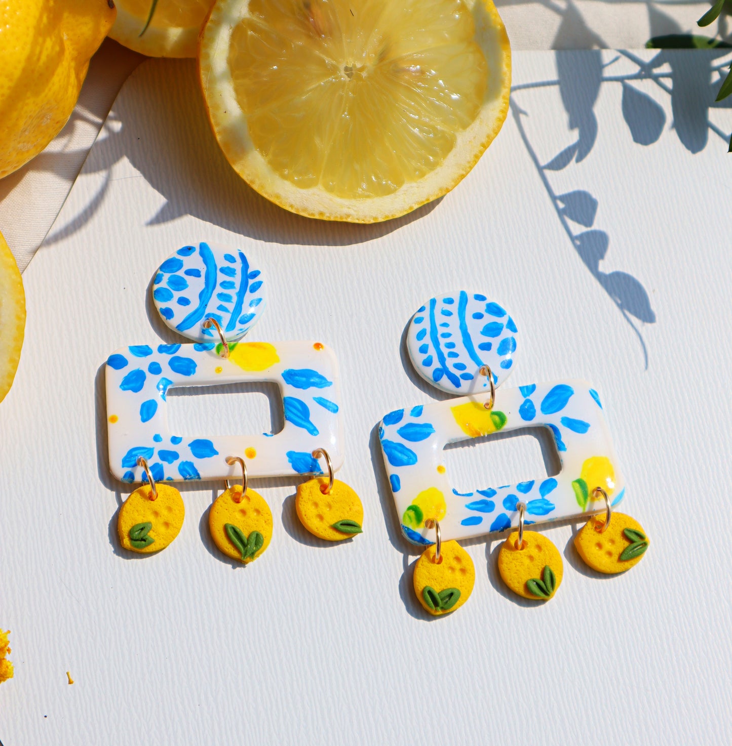 "Azul e Limone" -Dolce vita-Inspired Polymer Clay Earrings- Fiorella- Handcrafted Polymer Clay Earrings for Summer Chic and Colorful Accessories