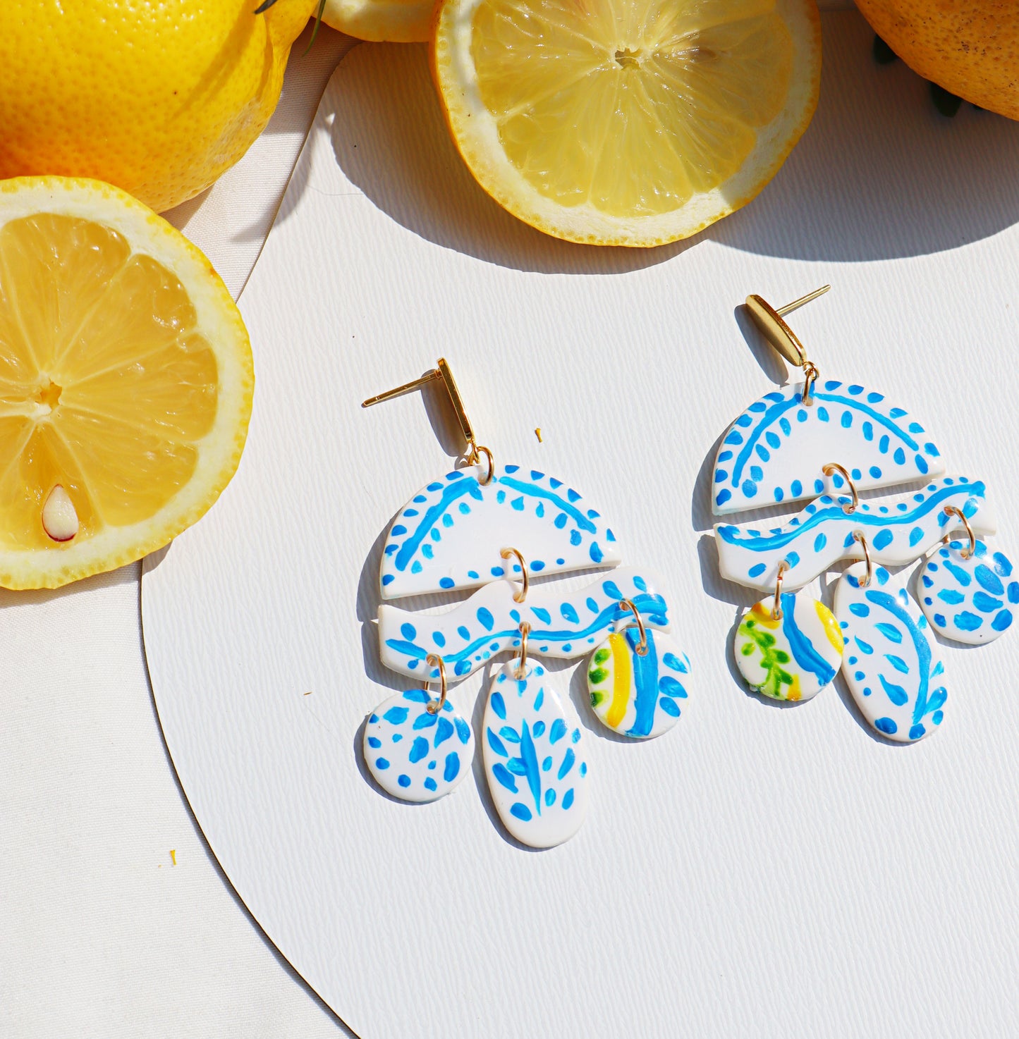 "Azul e Limone" -Dolce vita-Inspired Polymer Clay Earrings- Marcella- Handcrafted Polymer Clay Earrings for Summer Chic and Colorful Accessories - Blue titles