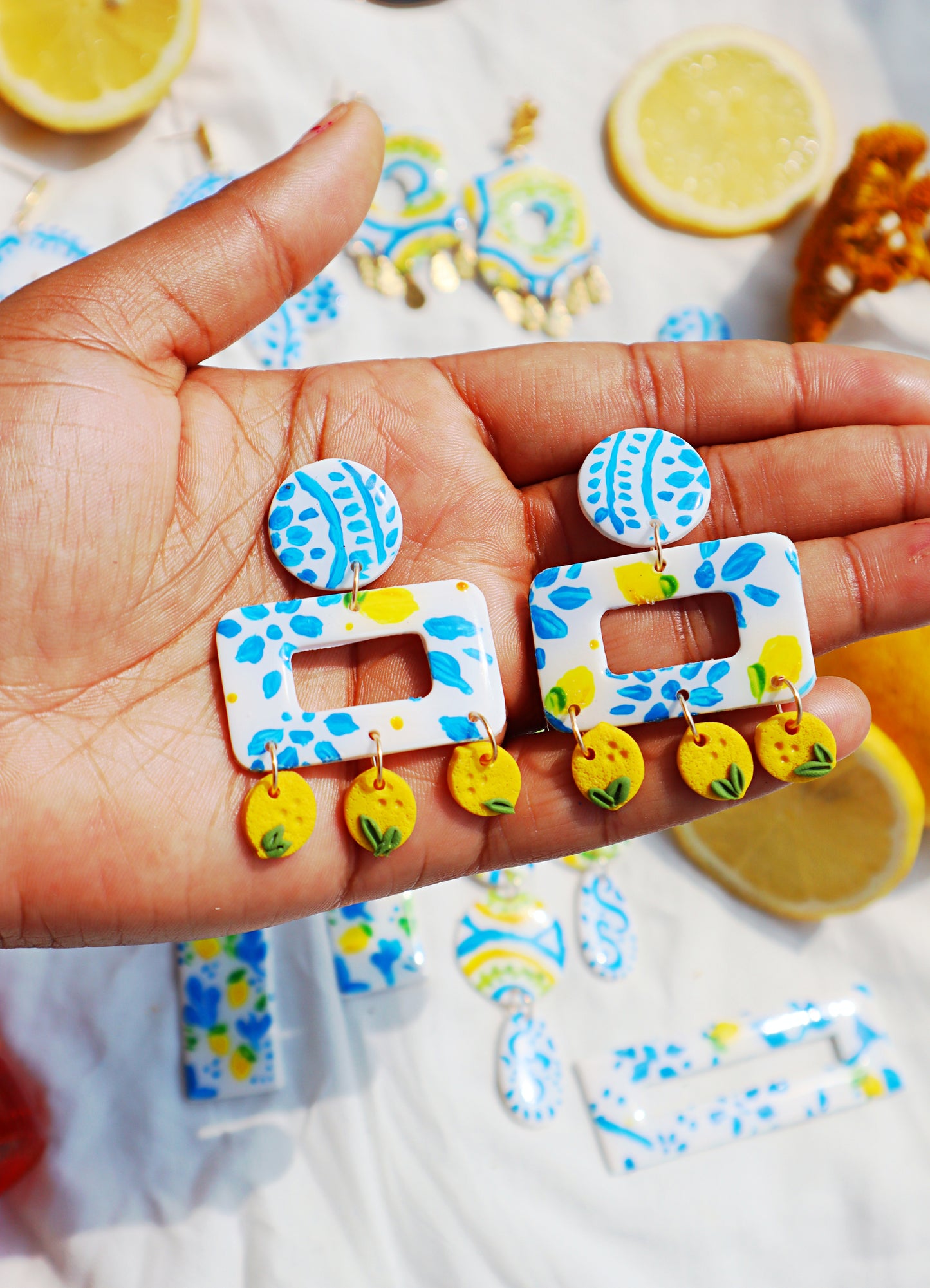 "Azul e Limone" -Dolce vita-Inspired Polymer Clay Earrings- Fiorella- Handcrafted Polymer Clay Earrings for Summer Chic and Colorful Accessories