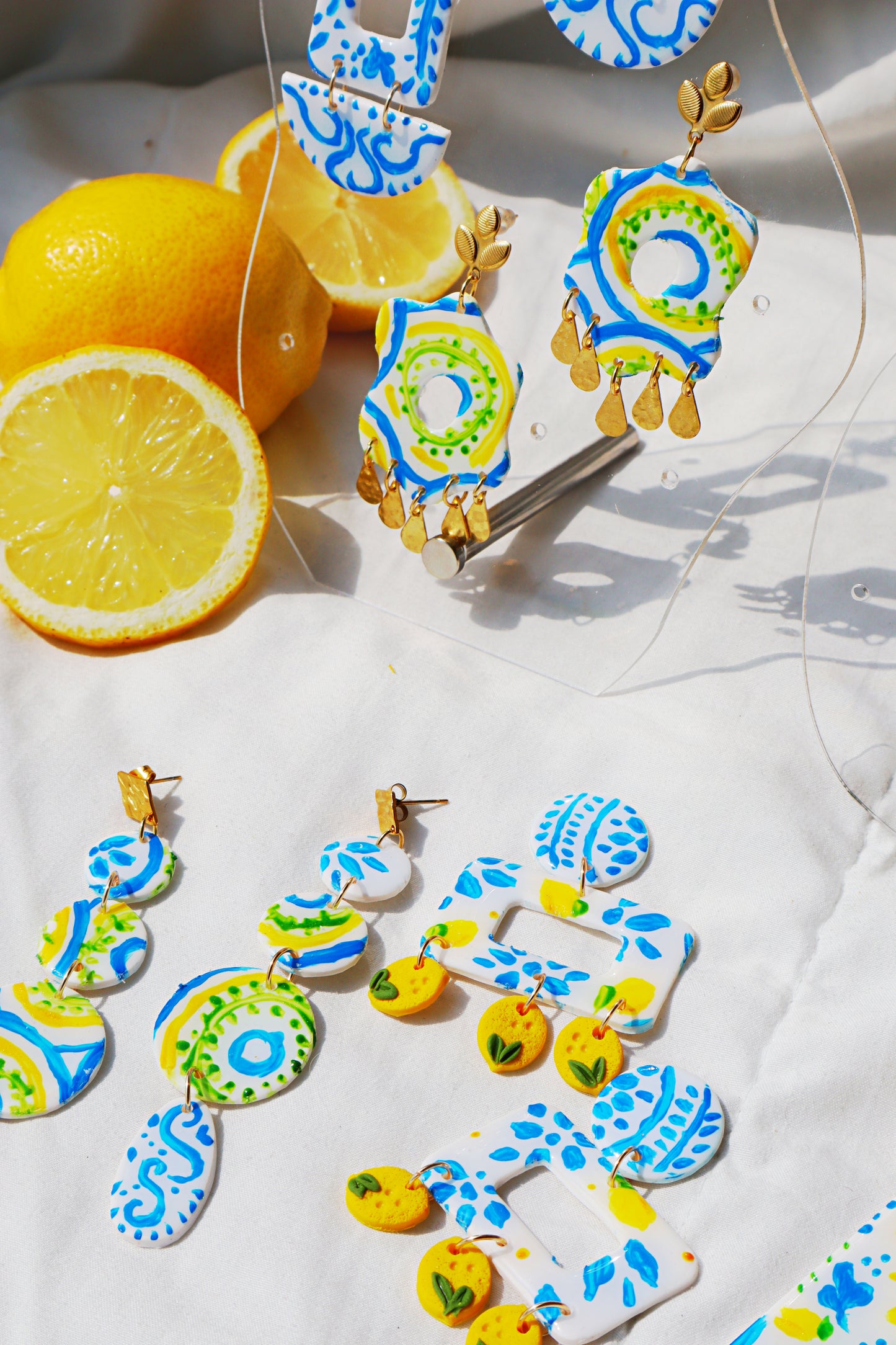 "Azul e Limone" -Dolce vita-Inspired Polymer Clay Earrings- Arianna- Handcrafted Polymer Clay Earrings for Summer Chic and Colorful Accessories - Blue titles