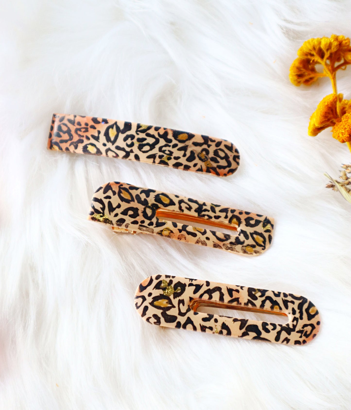 Handcrafted Polymer Clay Hair Barrettes -Unique Trendy Barrettes - Handmade leopard print polymer clay Barrettes