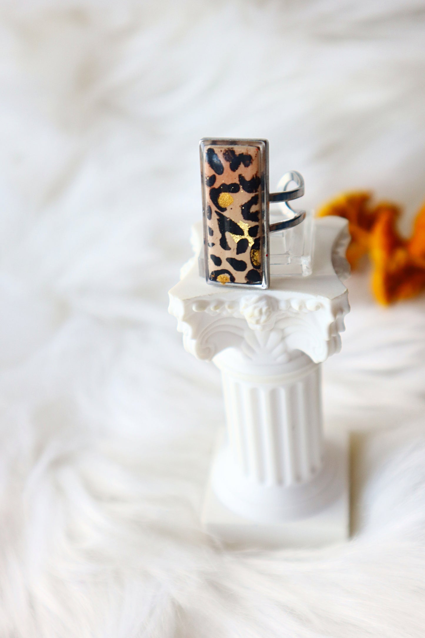 Handmade Polymer Clay Rings, Leopard print Rings - Adjustable ring — Andreina Clay