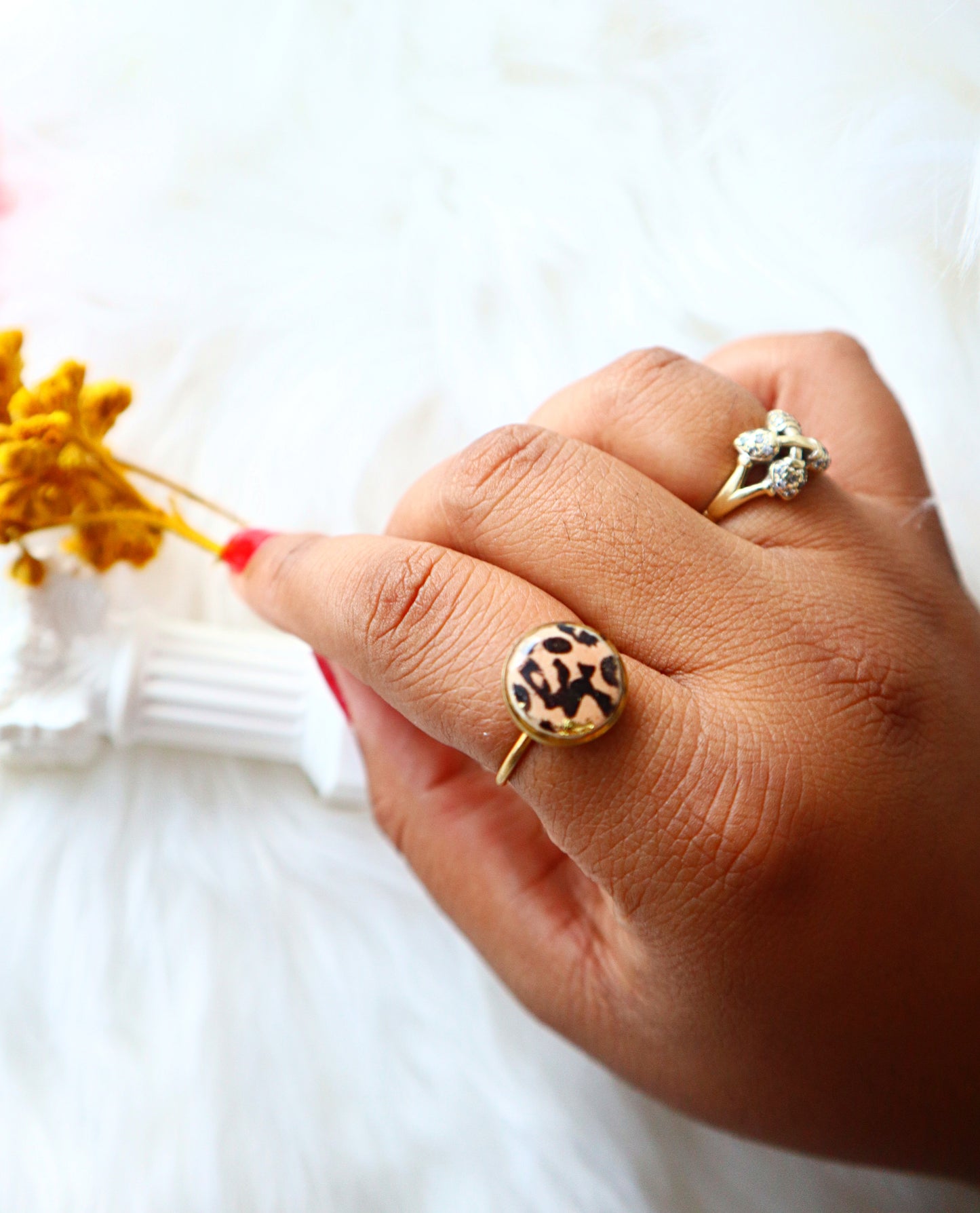 Handmade Polymer Clay Rings, Golden leopard print Rings - Adjustable ring — Andreina Clay