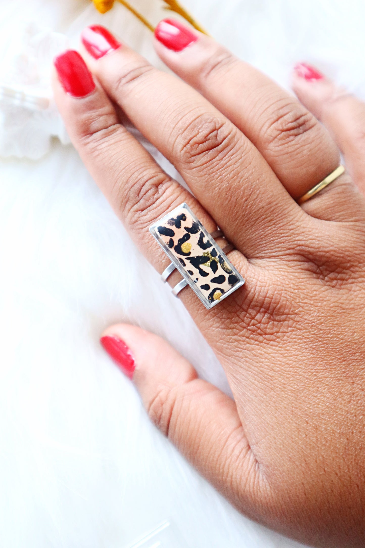 Handmade Polymer Clay Rings, Leopard print Rings - Adjustable ring — Andreina Clay