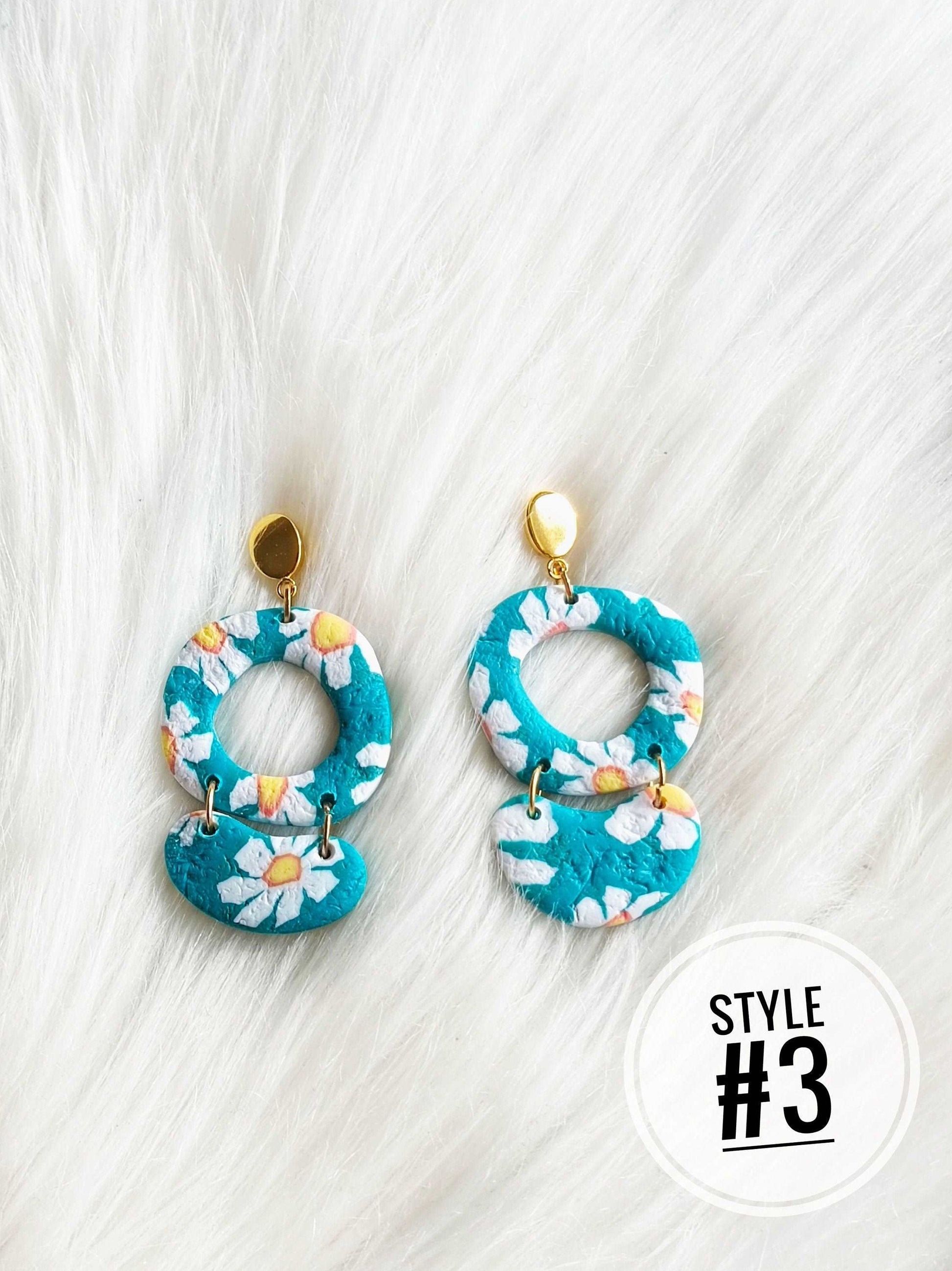 Floral polymer clay earrings | Spring earrings | colorful earrings | Flower slab | Blue green