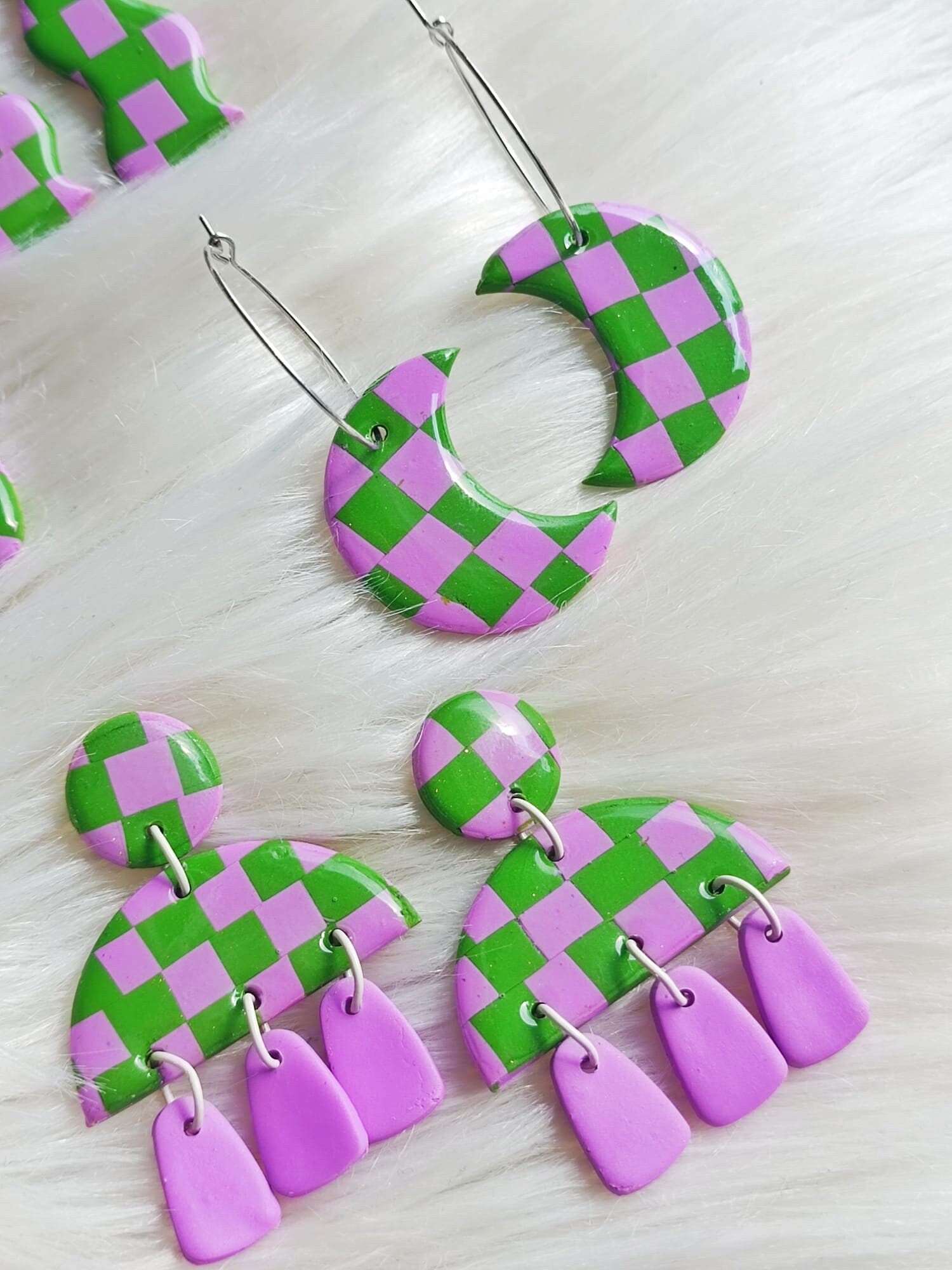 Dangly polymer clay MOON shaped purple and green checkerboard earrings | Checkered earrings /Checkered statement earrings/ Andreina Clay