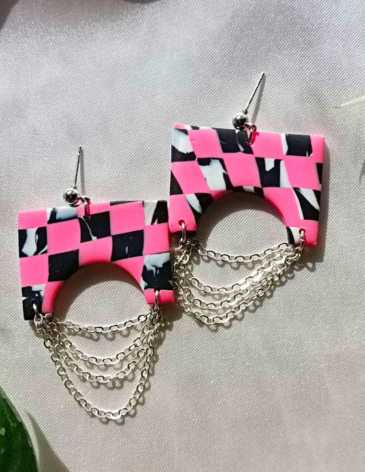 Chained polymer clay earrings - Athaliah- Black and pink Checkered Earring-Handmade Polymer Clay Earrings - Abstract earrings