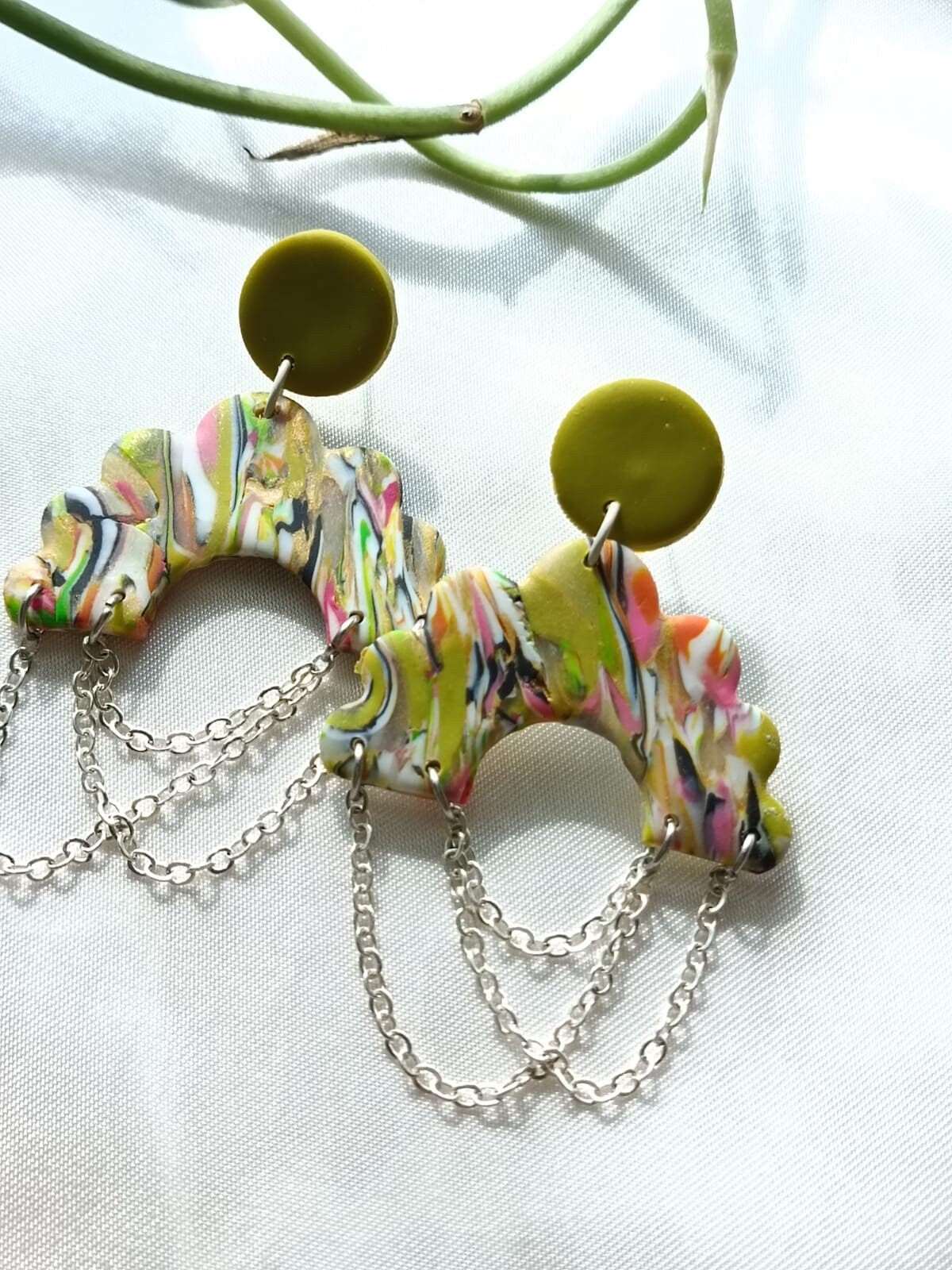 Chained colorful Polymer clay earrings - Salome- Colorful - Handmade Polymer Clay Earrings - Abstract earrings- Green earrings