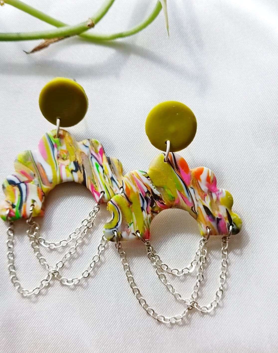 Chained colorful Polymer clay earrings - Salome- Colorful - Handmade Polymer Clay Earrings - Abstract earrings- Green earrings