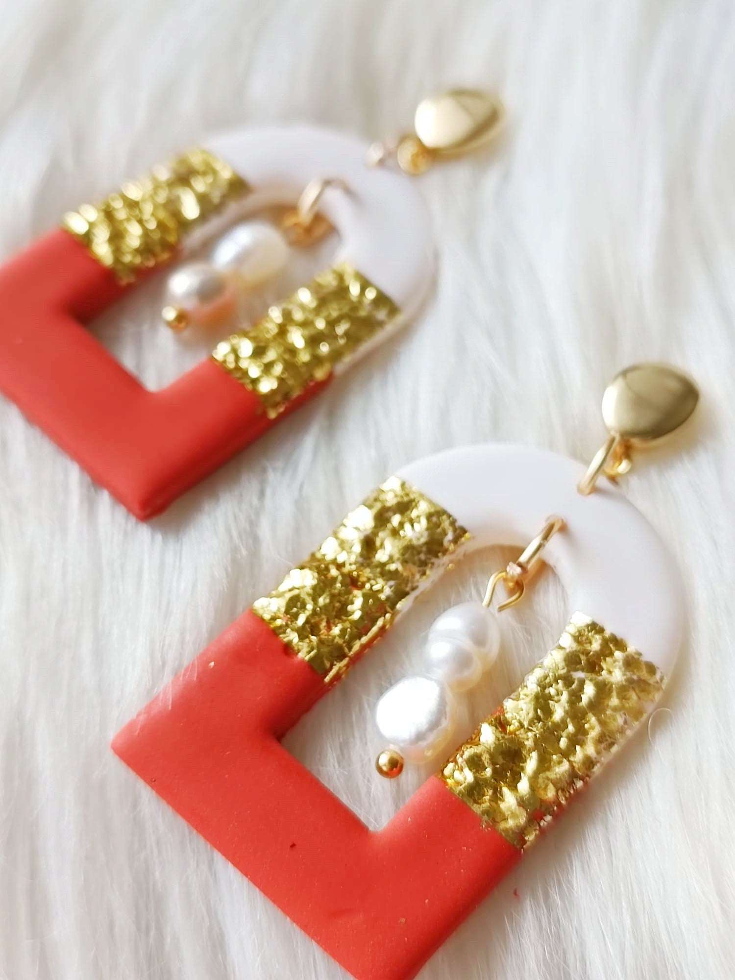 Terracotta Patterned Arch Earrings - Cleopatra - Terracotta arche with white and gold details and freshwater pearls- Boho earrings