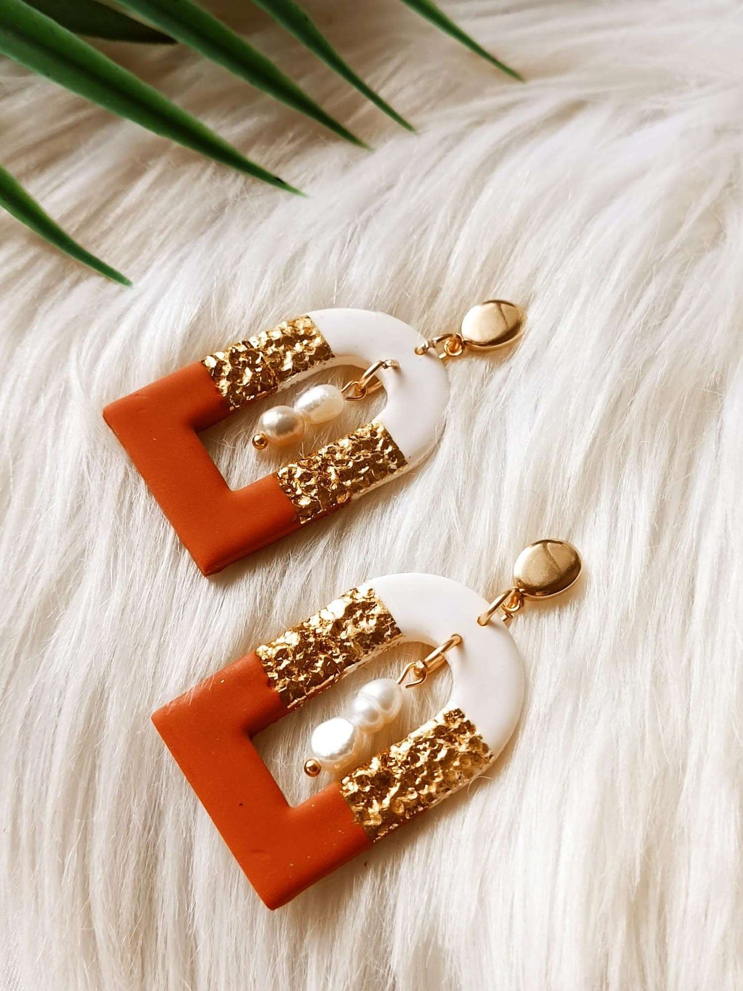 Terracotta Patterned Arch Earrings - Cleopatra - Terracotta arche with white and gold details and freshwater pearls- Boho earrings